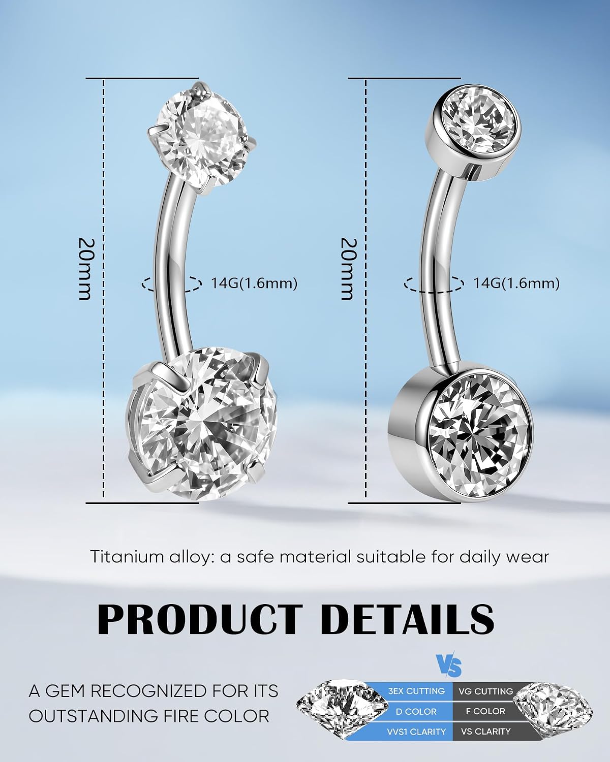 14G Titanium Internally Threaded Belly Button Ring 18K
