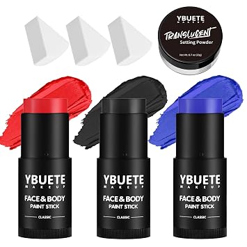 YBUETE Red Black Blue Face Body Paint Stick Set with Translucent Setting Powder and Sponges, Professional Full Coverage Face Painting for Adults Halloween Cosplay SFX Joker Skull Monster Makeup