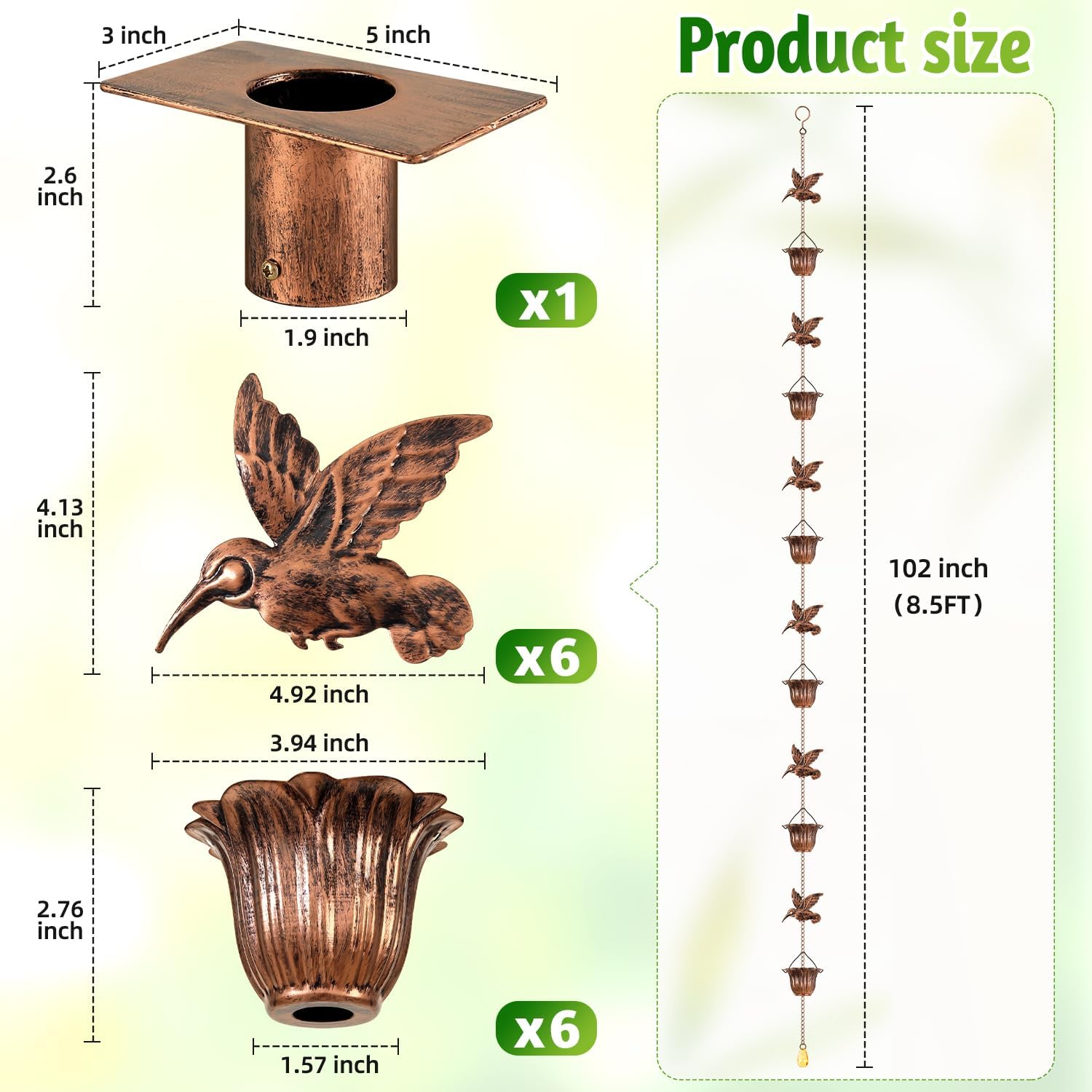 Rain Chains for Gutters Outside 8.5FT Copper Rain Catcher Chain with Adapter Decorative Replacement for Downspout with 6 Hummingbirds and 6 Flower Cups