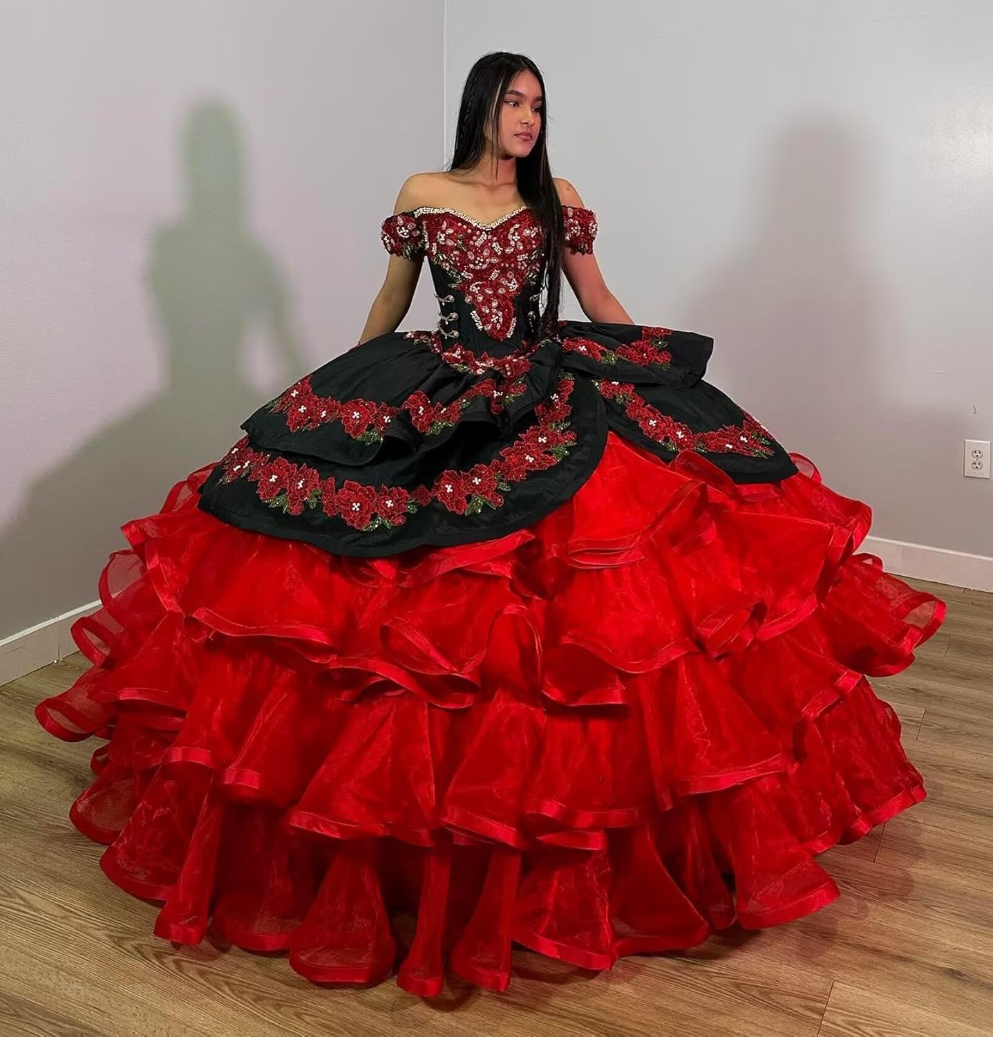 XYAYE Off Shoulder Ruffles Mexican Quinceanera Dresses Tiered Organza Ball Gown Embroidery 3D Flowers Sweet 16 Dresses
