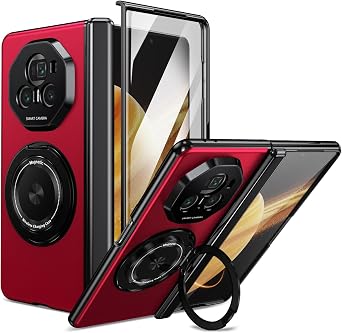 Magnetic for Honor Magic V3 Case with Ring Holder, Built in Screen Protector Camera Protection Slim Thin Hard PC Kickstand Magnetic Car Accessories Shockproof Protective Case, Red