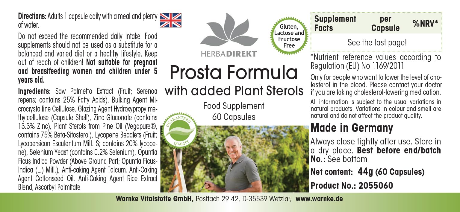 Formule Prostate – avec Stérols végétaux, Palmier nain, Zinc, Sélénium, Betasistérol & Lycopène - 60 gélules | Herba Direkt - Qualité des pharmacies allemandes
