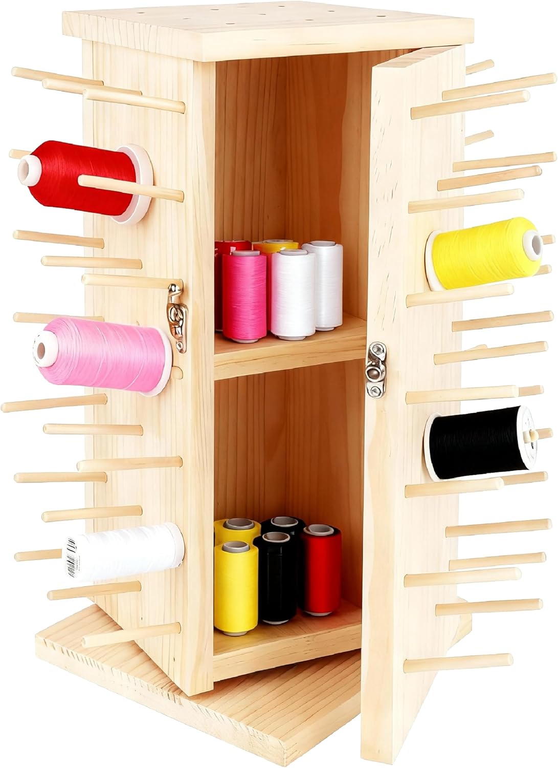 Mkienhy 93-Position Rotating Wooden Thread Organizer, 360° Spinning Rack with Locking Compartments for Sewing & Craft Supplies