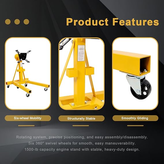 Folding Engine Stand-1500lbs, Geared Rotating Head, 360Adjustable Mounting Head, Yellow