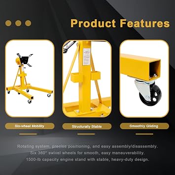 Folding Engine Stand-1500lbs, Geared Rotating Head, 360Adjustable Mounting Head, Yellow