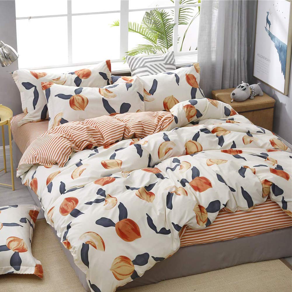 Kids Comforter Cover King Size Children Girls Fruits Peach Bedding Set Stripe Decorative 3 Pieces Cartoon Tropical Duvet Cover Set Cute Tapestry Bedspread Cover with 2 Pillowcase Microfiber Zipper - Image 3