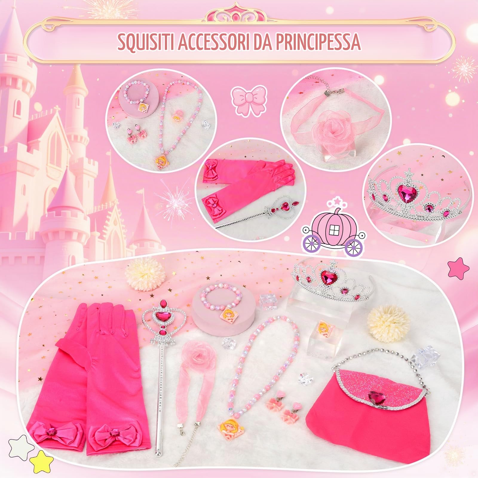 Vestito da Principessa, Vestito Principessa Rosa con Accessori, Costumi Bambina Onna Lunga con Accessorio 11 Pezzi Cosplay Compleanno Festa Halloween Natale