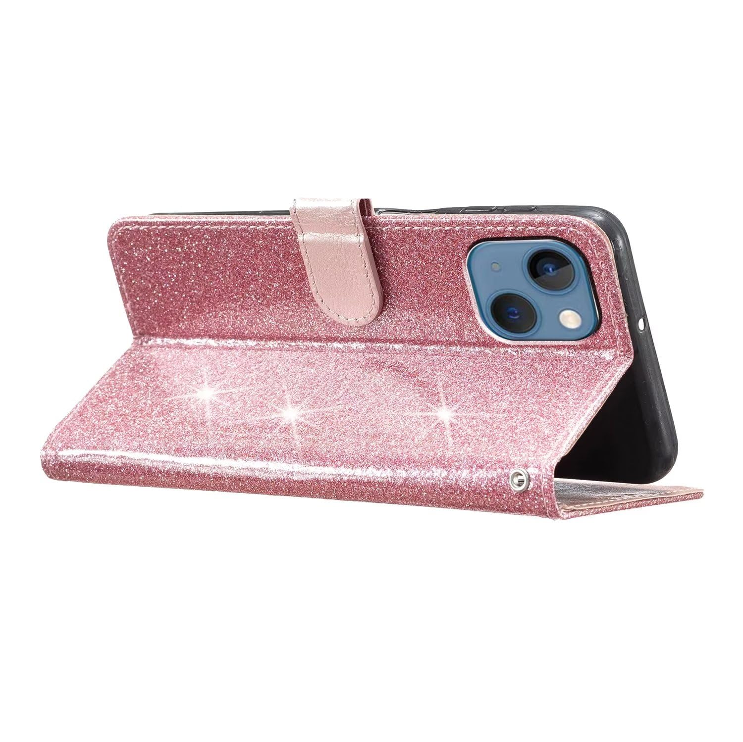 Custodia A Libro Per IPhone 14 Plus Con Glitter, Motivo Cuore E Diamanti, Portafoglio RFID, Supporto, Rosa Oro - 4