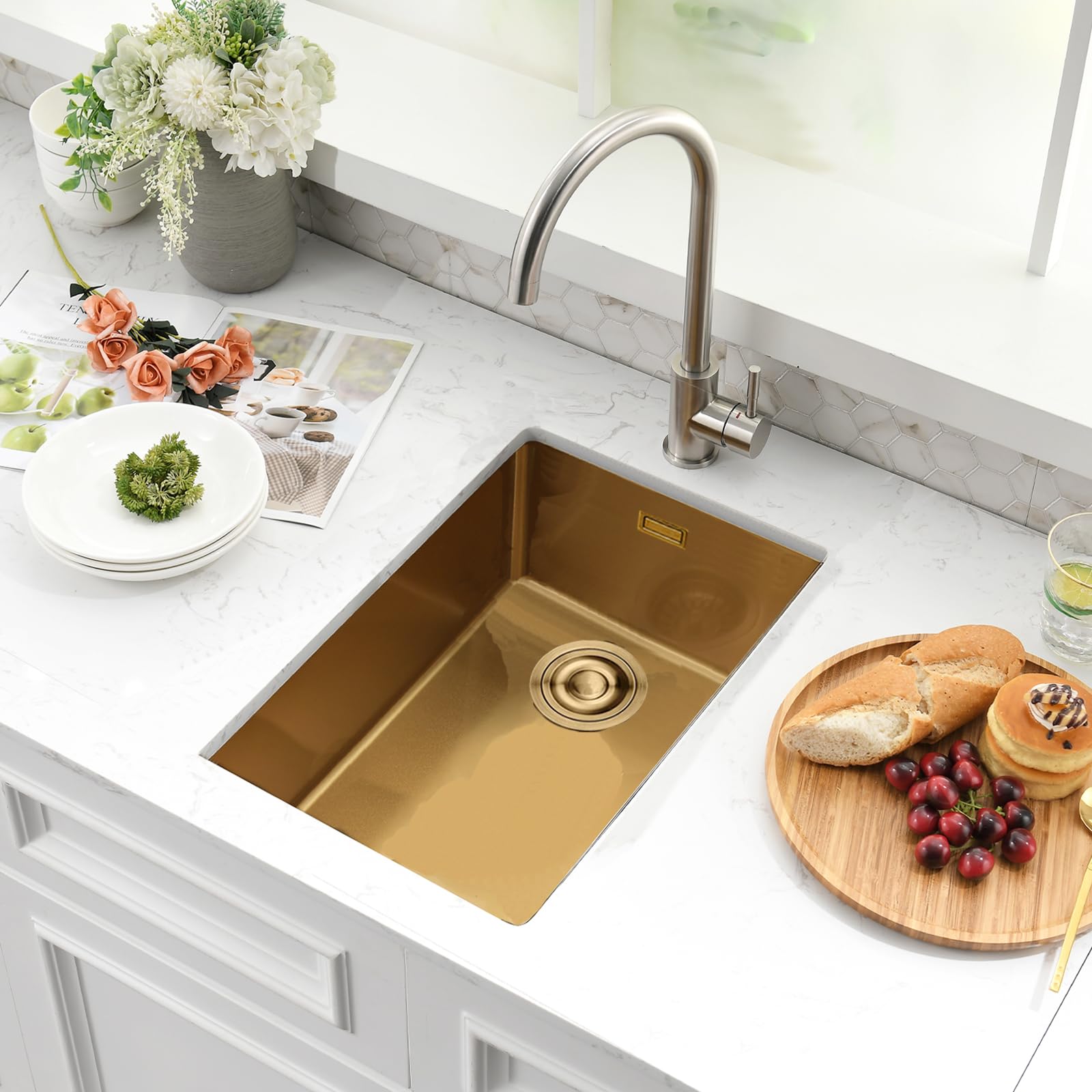 Gold Kitchen Sink, 30x45cm Small Sink Stainless Steel Single Bowl BoomHoze