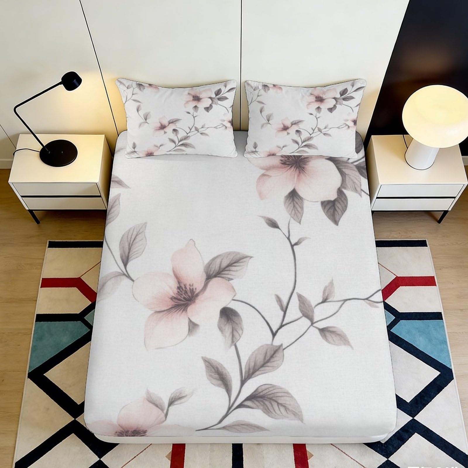 3D Printed Floral Fitted Sheet Microfiber Soft Breathable Botanical Bed Cover for Bedroom Dormitory Guest Room Mattress Protection Decor 200x200x25cm