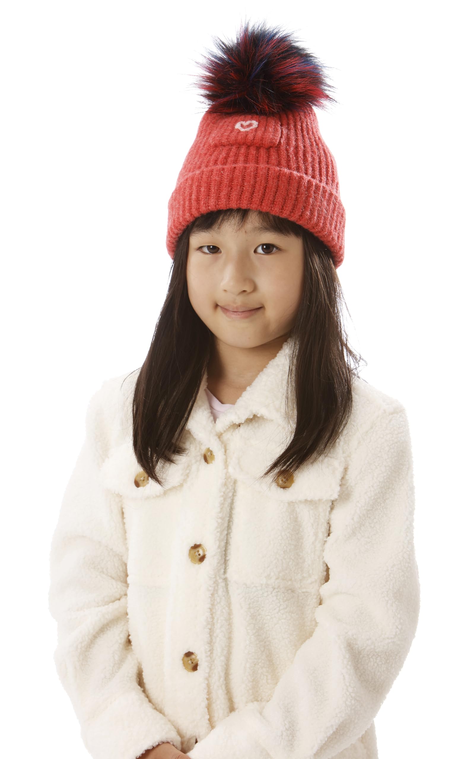 Screamer Kids Lovely Ribbed Cuffed Beanie with a Faux Fur Pom and Embroidered Heart - Navy