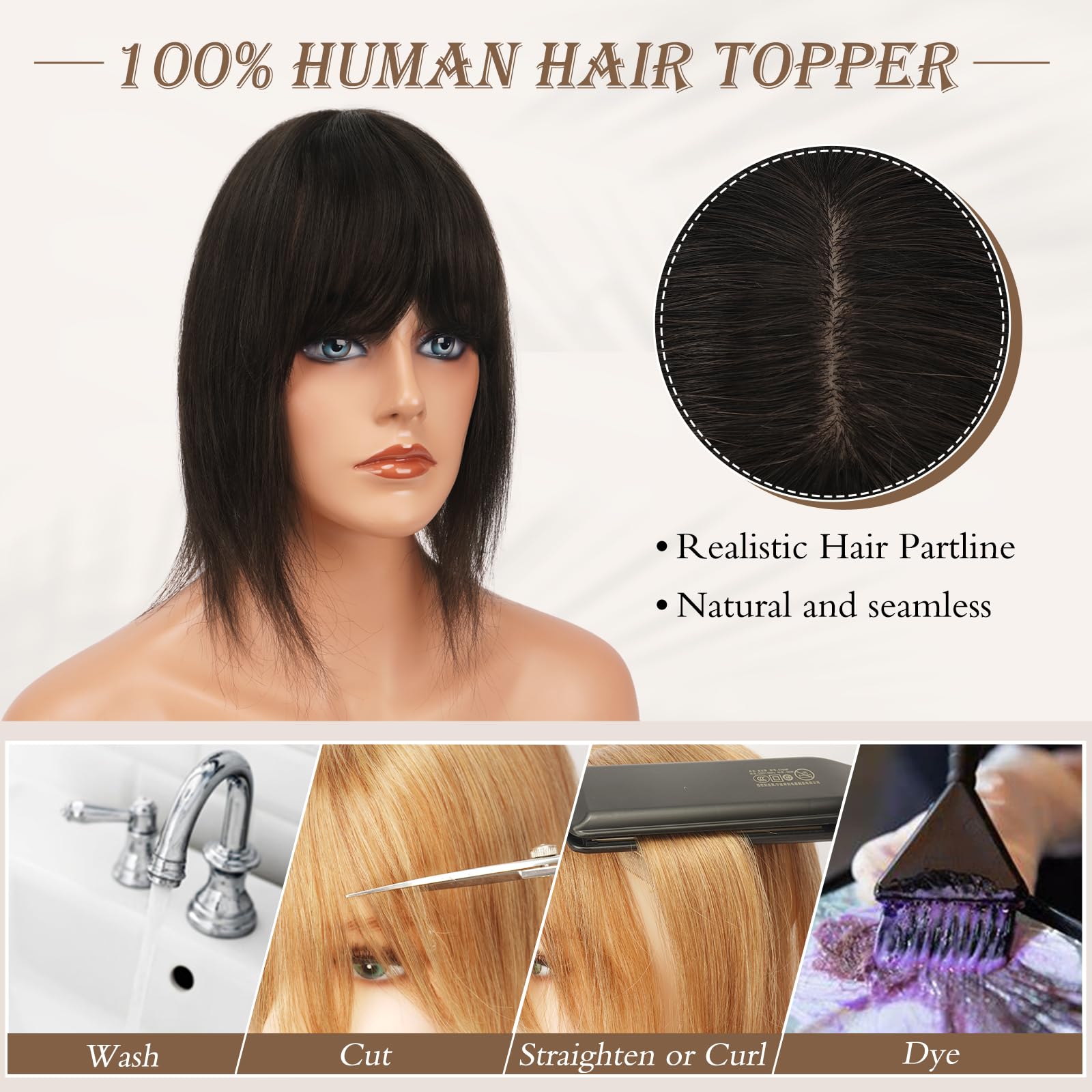 RUWISS Human Hair Topper with Bangs Crown Topper Hair Pieces for Women Short Wiglet Topper for Thinning Hair 7.5 * 13CM Silk Base 100% Real Human Hair Clip in Topper 14Inch 45g(Natural Black) - Image 4