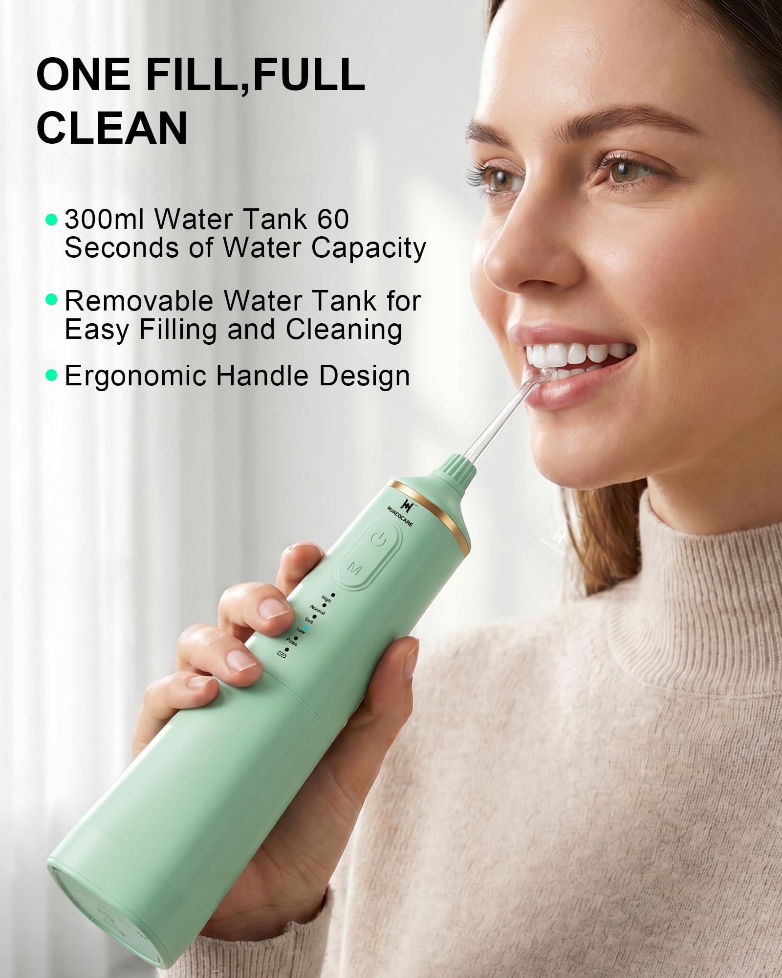 HUACO CARE Irrigador bucal de agua mejorado de 300 ml, 5 modos de irrigador oral inalámbrico profesional, limpiador dental de agua de pulso de alta presión para el hogar y viajes, elimina la placa