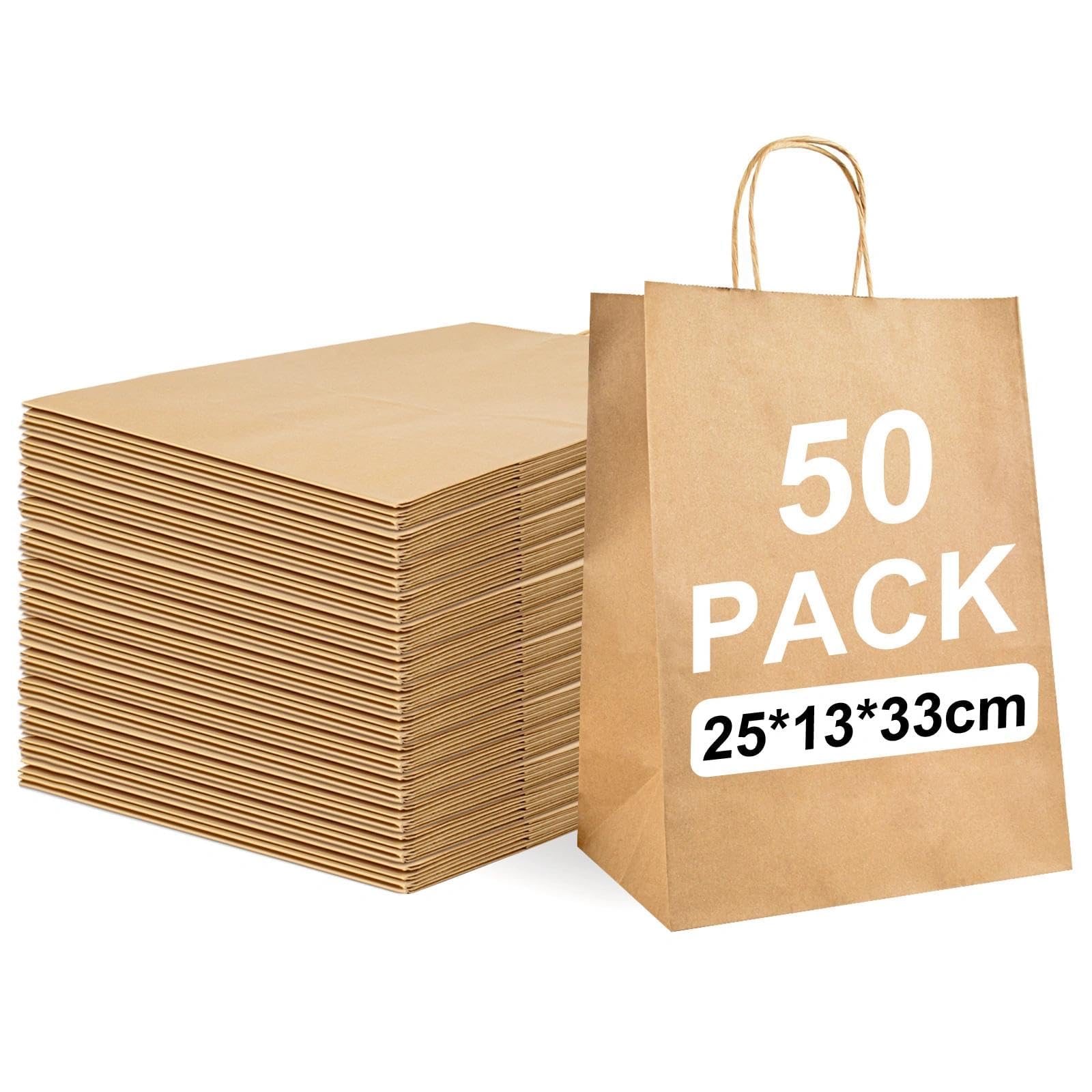 50 Pcs Brown Paper Bags With Handles, 130GSM(25×13×33cm), Tall Kraft Gift Bags for Birthday, Wedding & Retail Merchandise