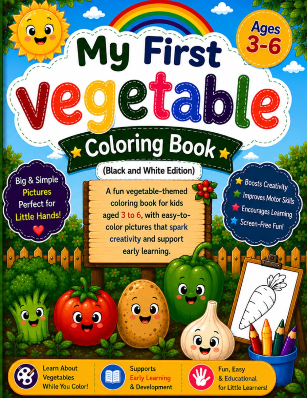 Vegetable Coloring Book for Kids Ages 3-6: Fun and Easy Vegetable Coloring Pages for Toddlers and Preschoolers | Learn Healthy Foods While Coloring .( Black And White Edition)
