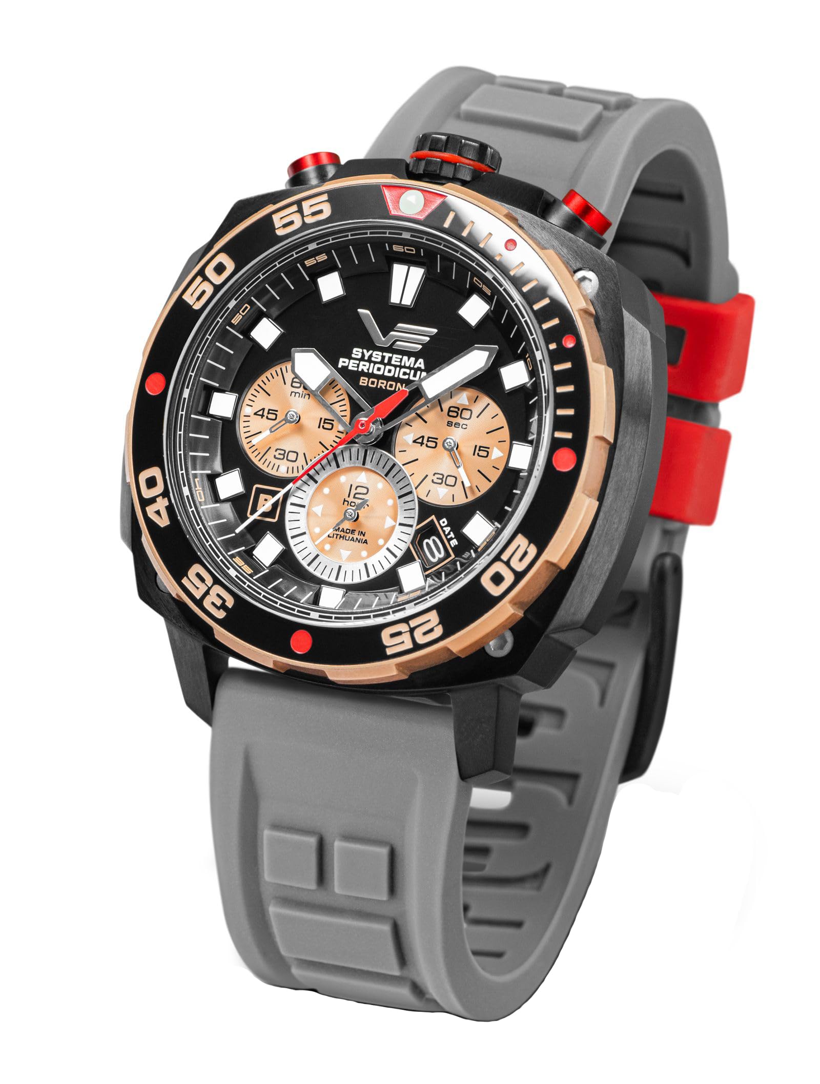 Vostok Europe Systema Periodicum Men's Quartz Chronograph Watch 20ATM K1 Mineral Glass with Interchangeable Strap, Boron, bullhead