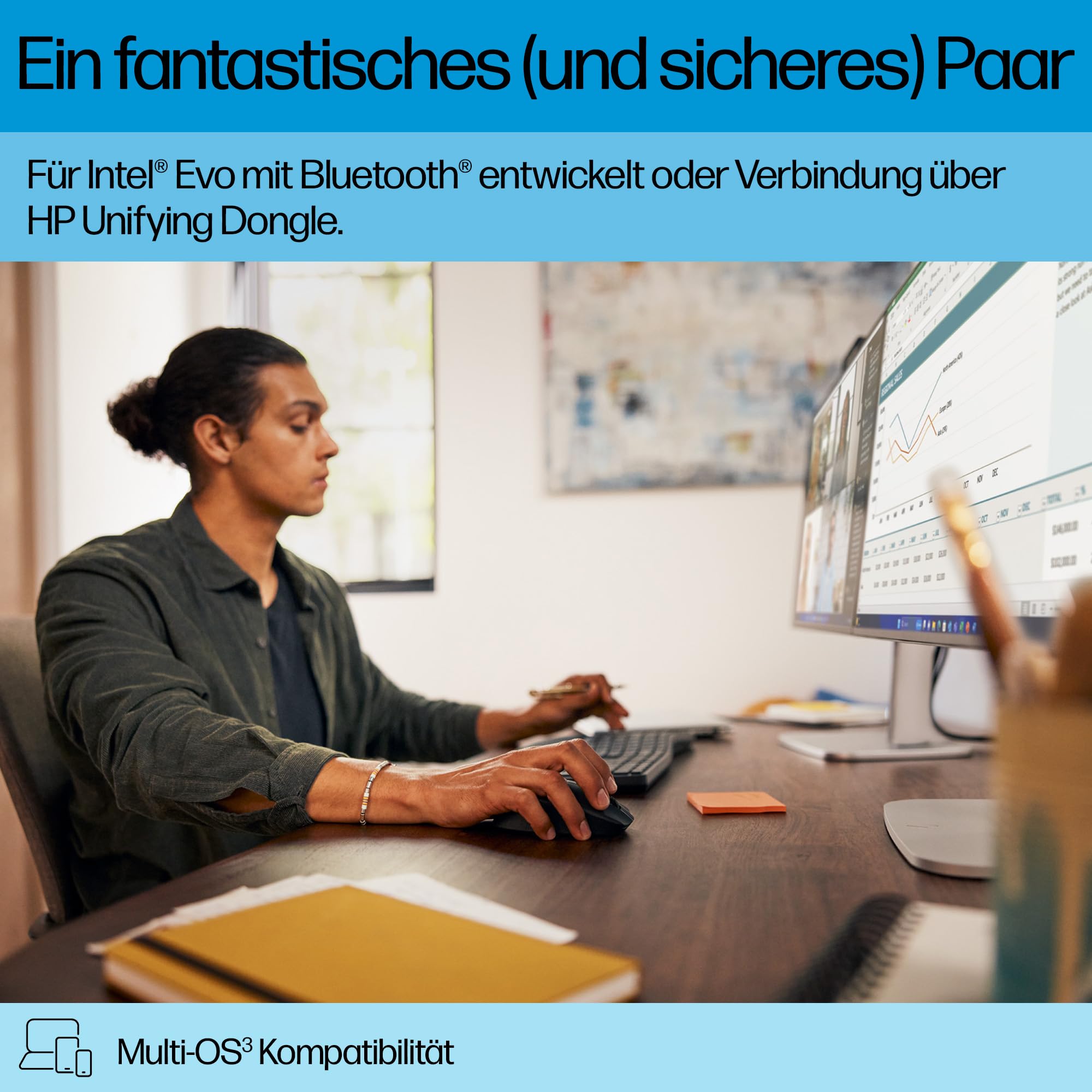 HP 680 Comfort Dual-Mode Tastatur und Maus Set, QWERTZ Deutsches Layout, Kabellos, Bluetooth & 2,4GHz, leise Tasten, ergonomisch, 4D-Scrollrad, programmierbare Tasten, für Windows, macOS & ChromeOS