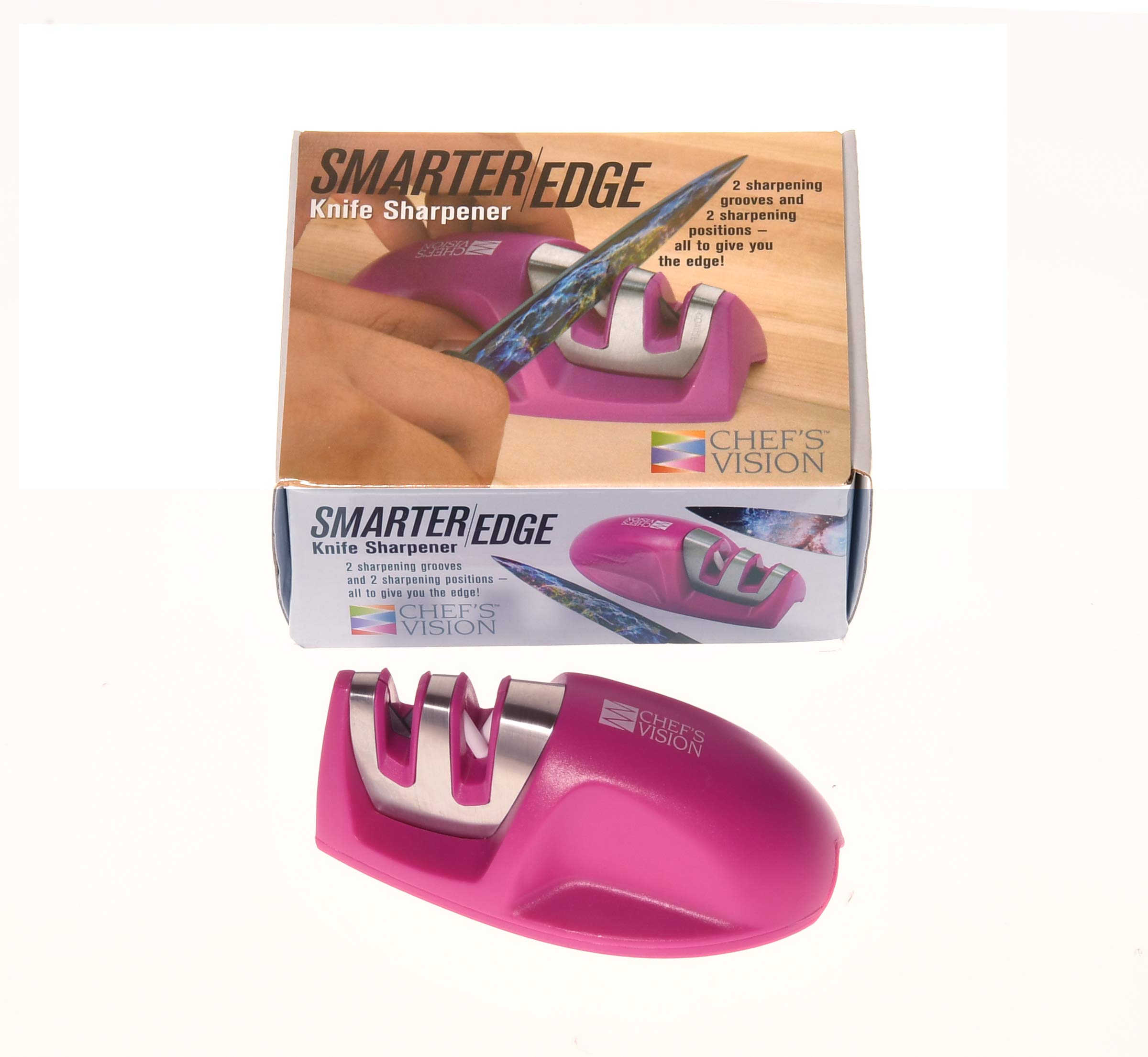 Chef's Vision SmarterEdge Kitchen Knife Sharpener - Pink - Dual-Groove Sharpener for Precision Blade Maintenance - Compact, Stylish, and Versatile Knife Sharpeners for Home and Professional Use