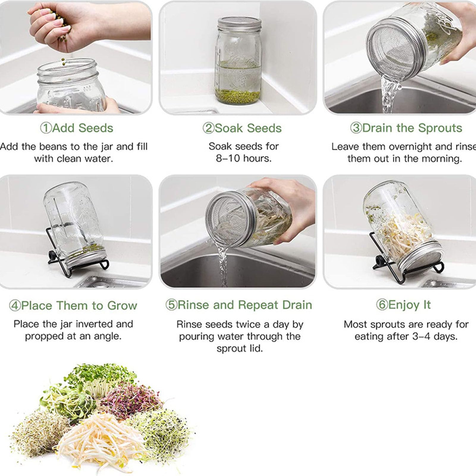 Lot de 2 Bocaux de Germination, Kit de Culture de Germes de Brocoli Mason Jar Kit de Germination Kit de Culture de Micro-verts avec Couvercle en Maille, Bouche Large, Drainage Facile pour la Culture D