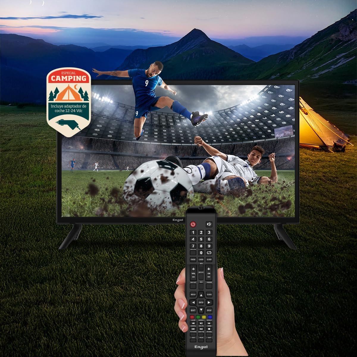 Engel LE2462CA - Televisor LED de 24'' HD Ready para Camping y Caravanas - 3 HDMI, 2 USB, Adaptador de Coche, Audio Dolby, Compacto y Ligero - Sintonizador DVB-T2/S2/C - Modo Hotel - PVR y Time-Shift