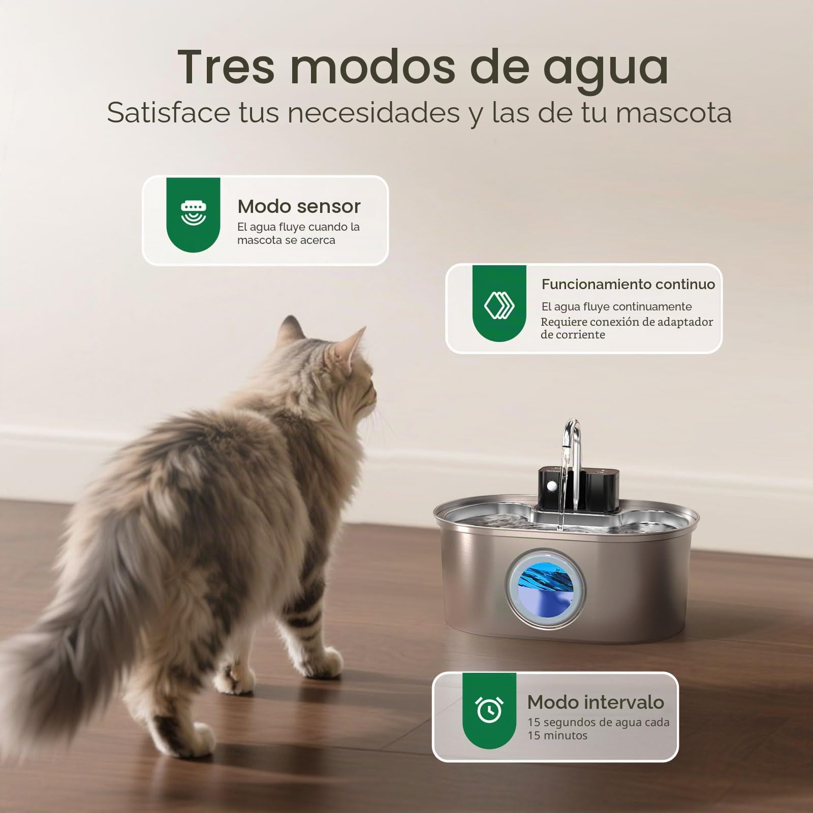Fuente inalámbrica para Gatos de Acero Inoxidable: Fuente de Agua alimentada por batería para Interiores, dispensador automático de Agua con Sensor de Movimiento, Bomba Ultra silenciosa, filtración