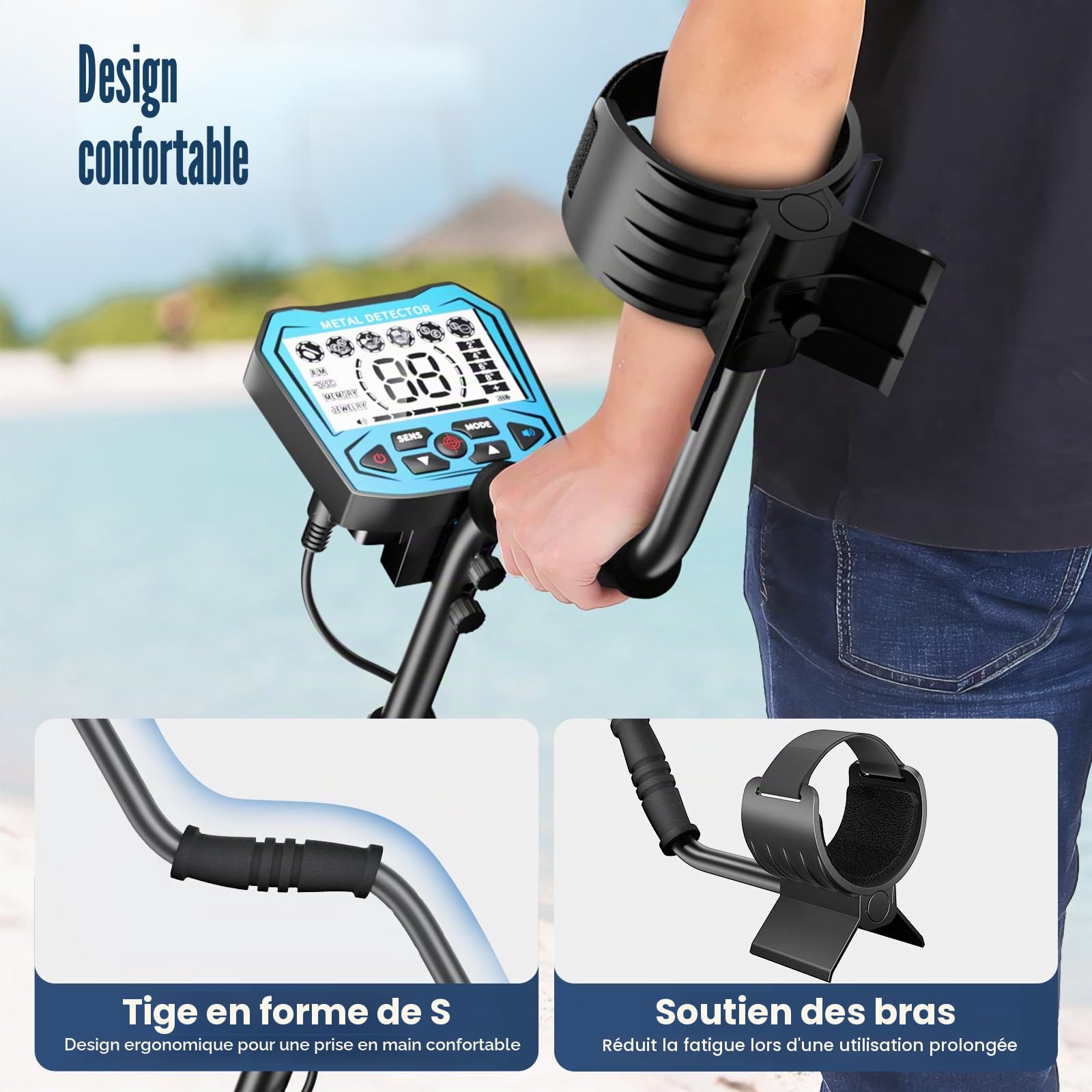 Détecteur de métaux Professionnel, 5 Modes Détecteurs de métaux pour Adultes et Enfants, détecteur de métaux Rechargeable avec Bobine de Recherche étanche IP68, écran LCD (Bleu Clair)