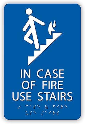 Alpha Dog ADA Signs - In Case of Fire Use Stairs Sign with Braille 9x6 inches 100% ADA Compliant for Your Business or Office Made in the USA (Blue)