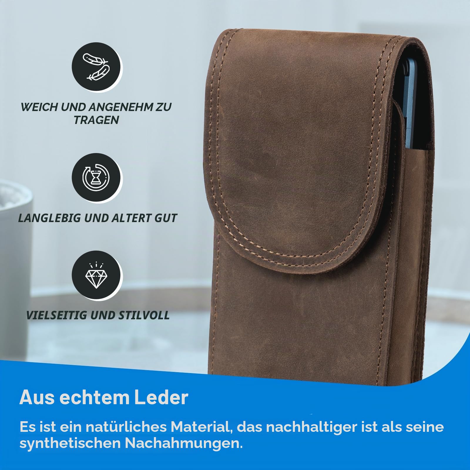 Handy-Holster aus echtem Leder, passend für iPhone 17 16 15 14 Pro Samsung Galaxy S25 S24 S23, Smartphone-Halterung mit Magnetverschluss und Gürtelclip, Handytasche (Retro-Braun)