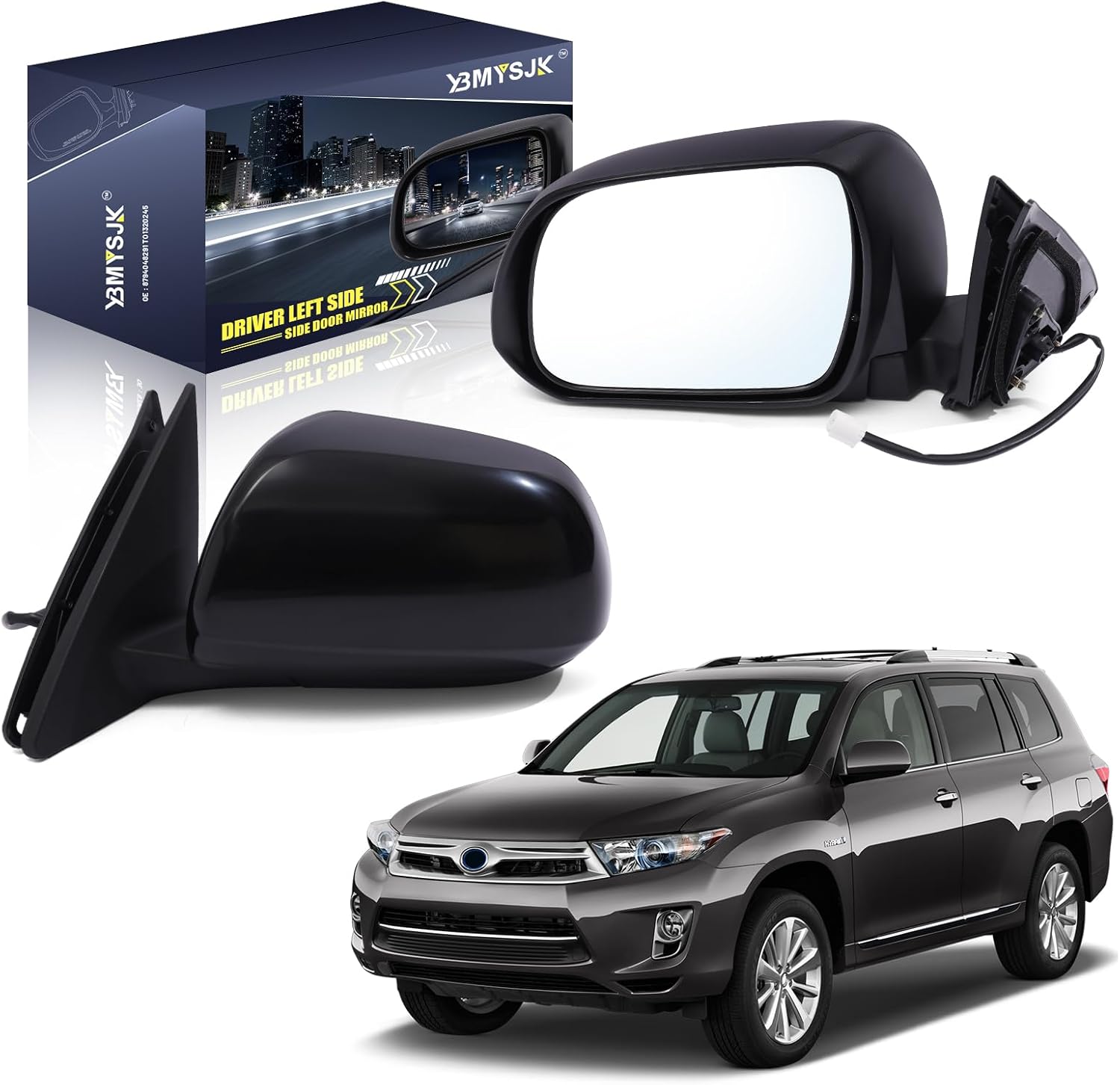 Driver Side Power Door Mirror Compatible with Toyota Highlander 2008 2009 2010 2011 2012 2013, Non-Heated Manual Folding W/o Turn Signal Light Black 3 Pin