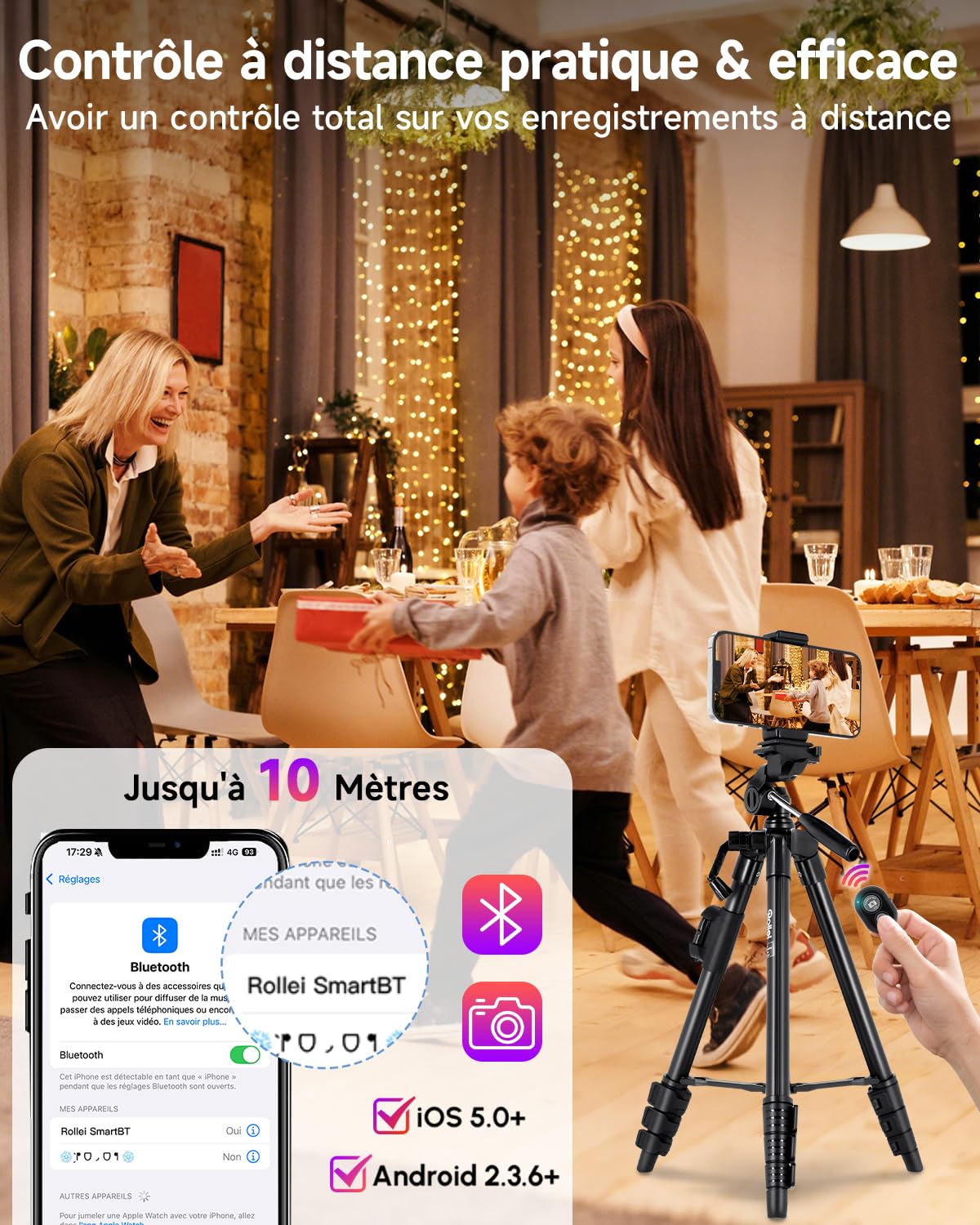 Rollei Trepied Smartphone Traveler, Trépied Telephone Portable avec Telecommande Bluetooth Android & iOS 120cm Tripod pour Téléphone Léger Noir avec Support Smartphone pour iPhone Huawei Samsung