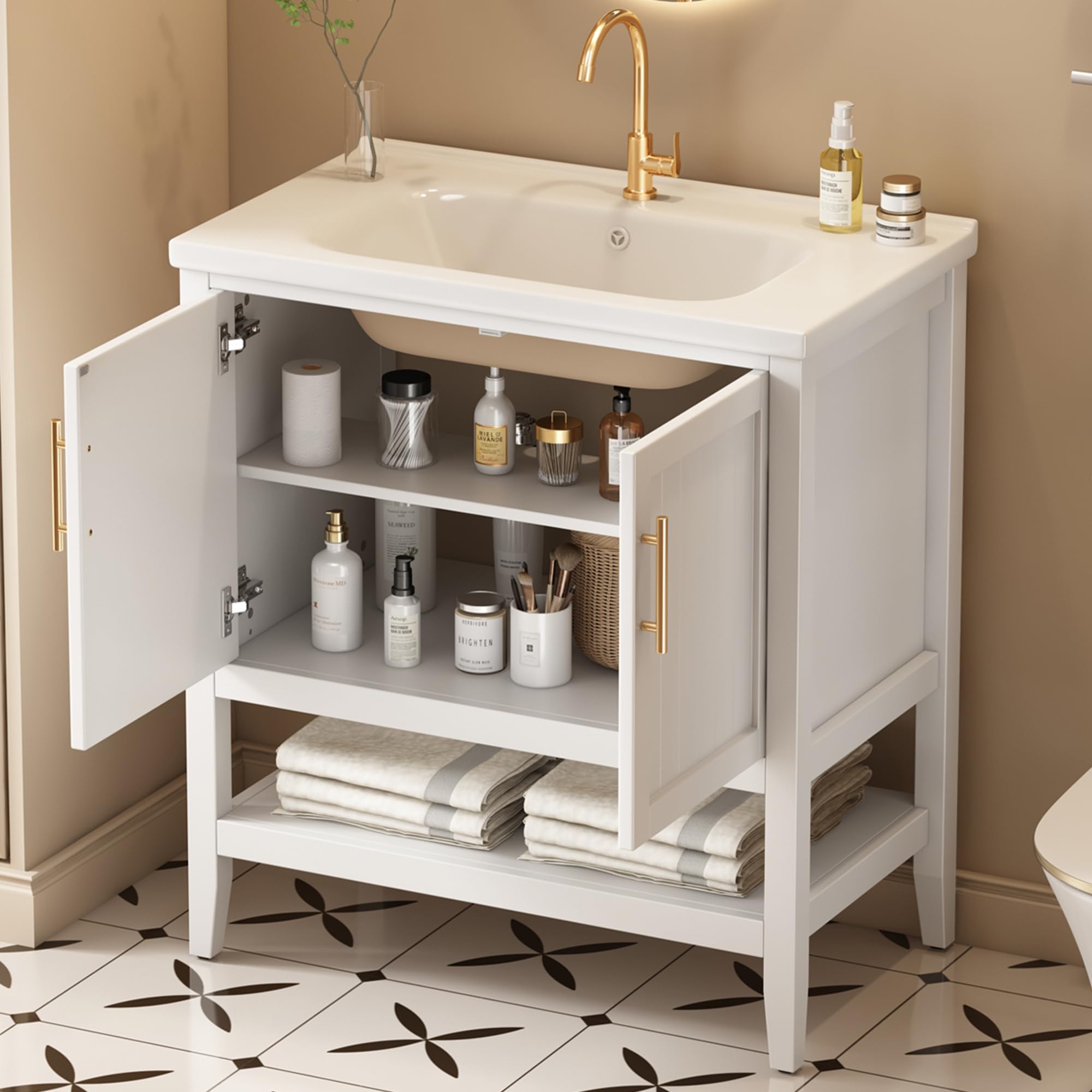 SUKY Mueble de baño individual con armario inferior de 80 cm con lavabo de cerámica, 80 x 47 x 90 cm, MDF, color blanco