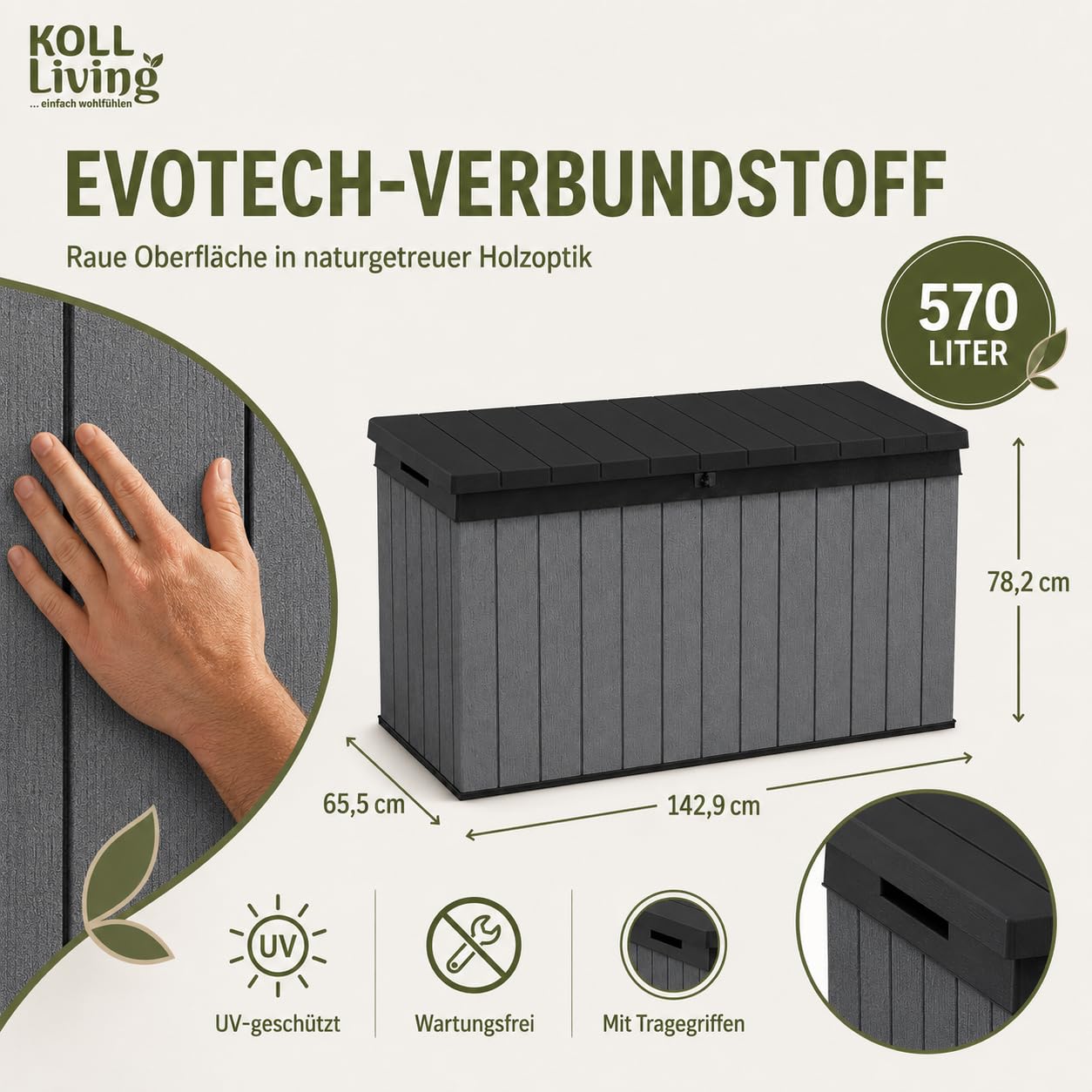 Koll Living Auflagenbox/Kissenbox 570 Liter l 100% Wasserdicht l mit Belüftung dadurch kein übler Geruch/Schimmel l Moderne Holzoptik l Deckel belastbar bis 300 KG (2 Personen)