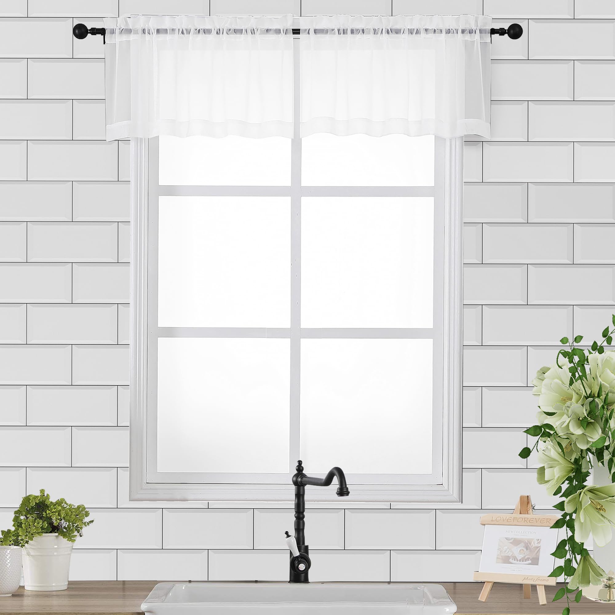 Chyhomenyc White Sheer Valance for Windows, 42Wx12L, 2 Pack | Light Filtering Voile Soft Airy Topper Small Window Treatment Rod Pocket, Living Room Bedroom Laundry Basement