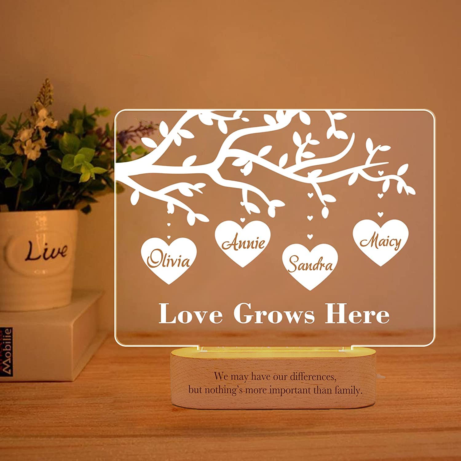 KOMPIS Personalized Family Trees Custom Name Night Light Gifts for Family Him Her Meaning Ideas Gifst for Birthday Special Day Family Day Custom Decor Trees of Hearts Home