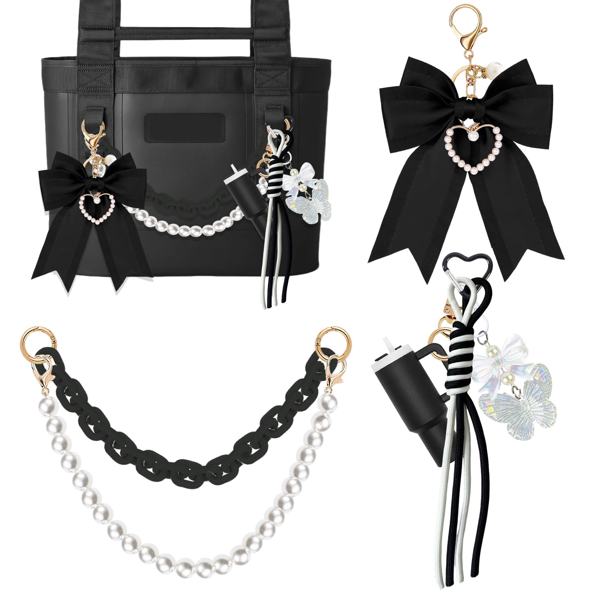 YPINGABS 7PCS Tote Bag Accessory Set for YETI Camino 20/35/50 & Bogg Bags, Pearl Bow Pendant, Acrylic Chain, Mini Tumbler Keychain, Butterfly Beaded