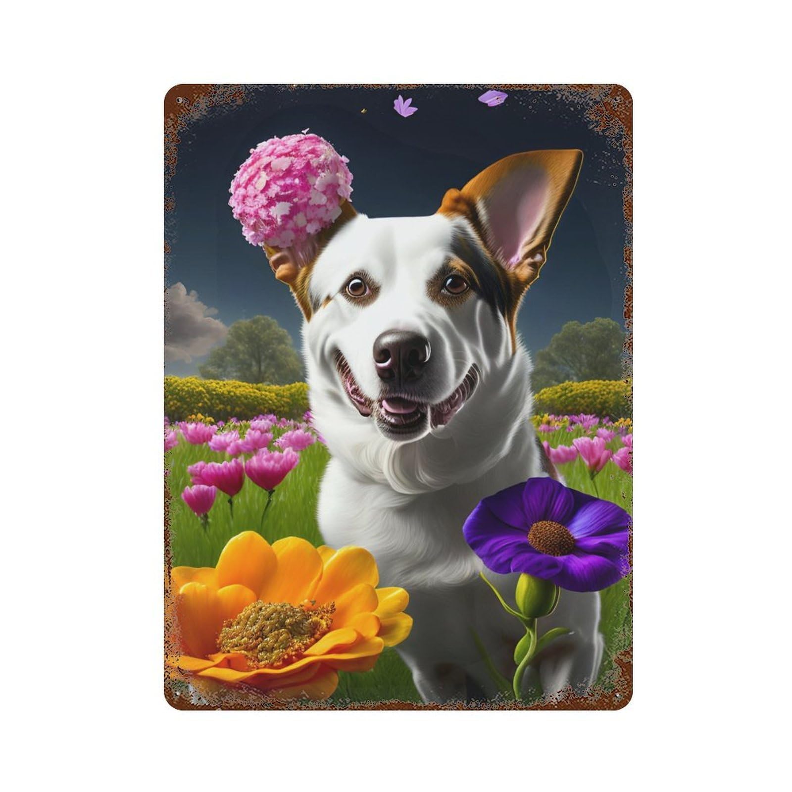 Floral Fantasy Dog in Bloom Rusty Metal Tin Sign 15.7"x11.8", for Shed, Workshop And Garage Wall Decor, Novelty Wall Decor
