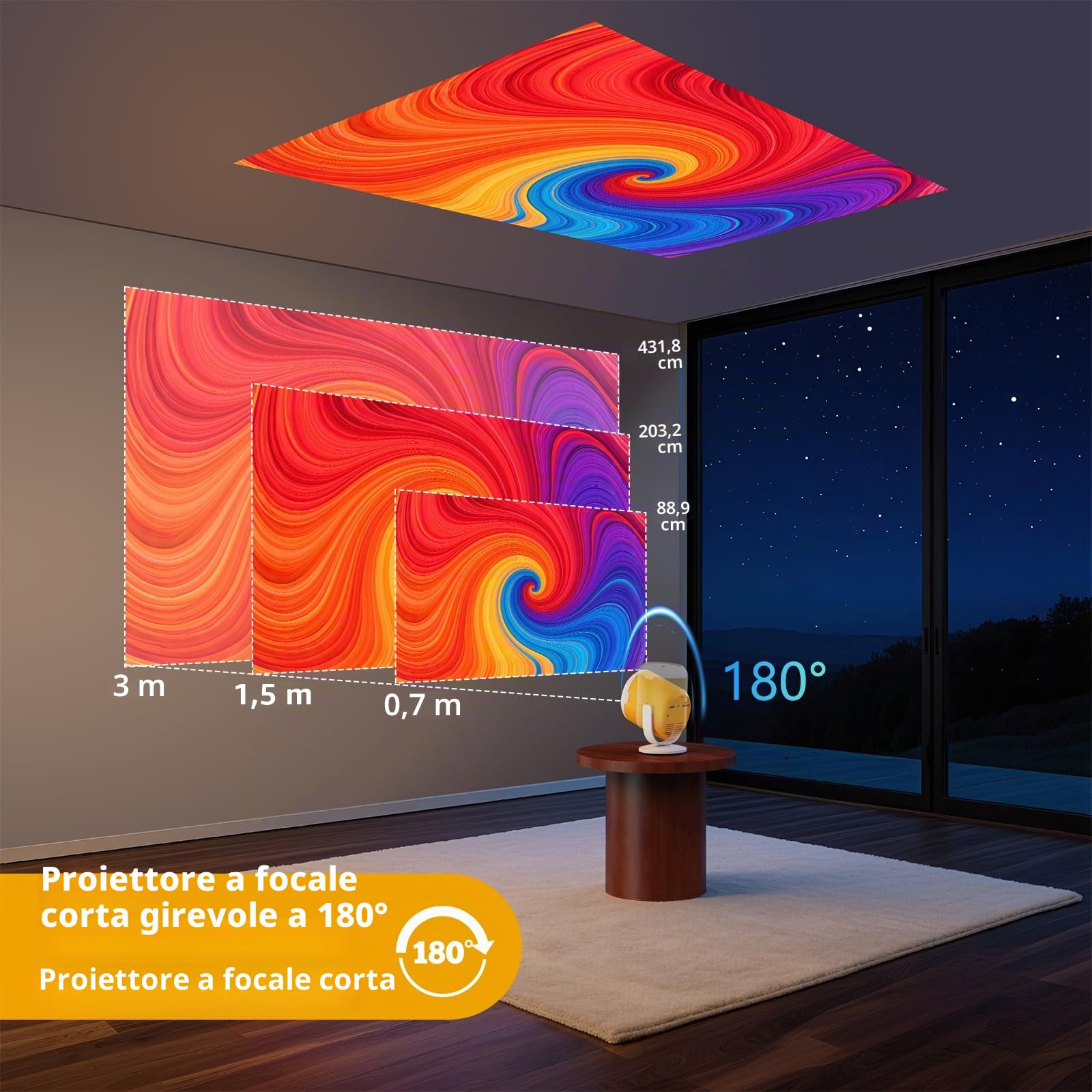 Mini proiettore portatile con WiFi e Bluetooth Proiettore cinematografico ruotabile con messa a fuoco elettronica Proiettori LED per home theater Compatibile con phone, TV Stick, laptop, HDMI, USB