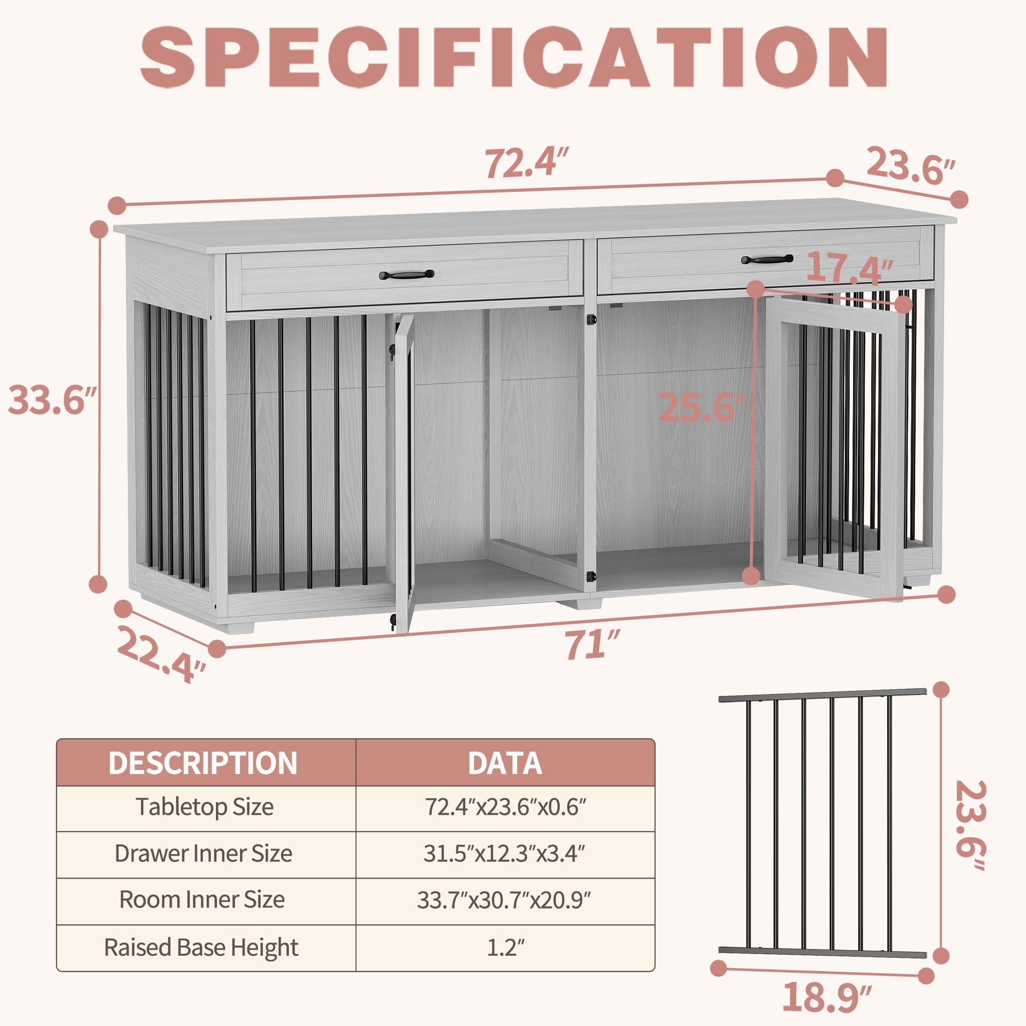 Lovinouse Furniture Style Dog Crate with Double Room, 72" Wooden Dog