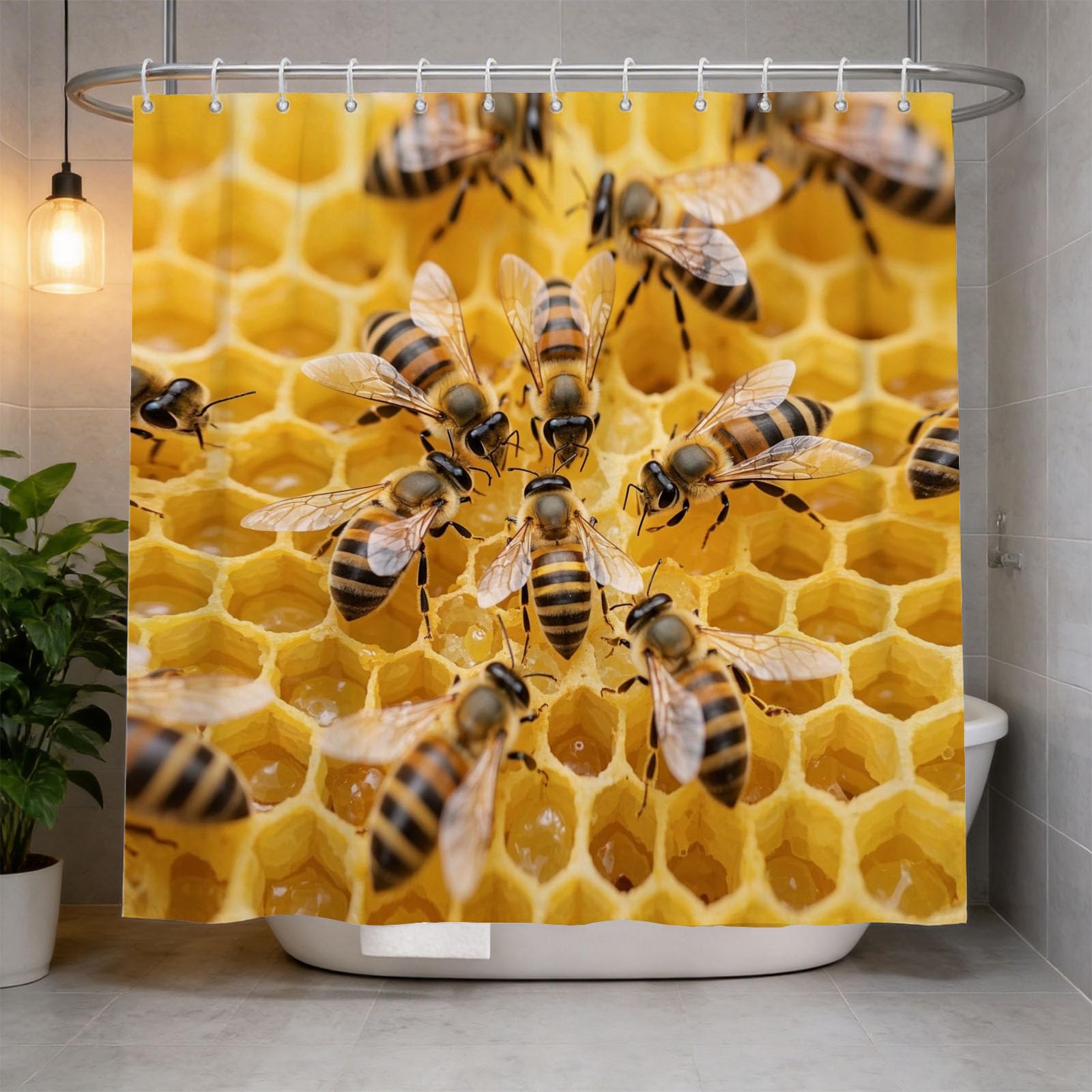 Hongduo 3D Bee Shower Curtain for Stalls Bathtubs Honeycomb Bathroom Decor Shower Curtain Set Polyester Fabric Waterproof 200x200cm/79X79 Inch with Hooks