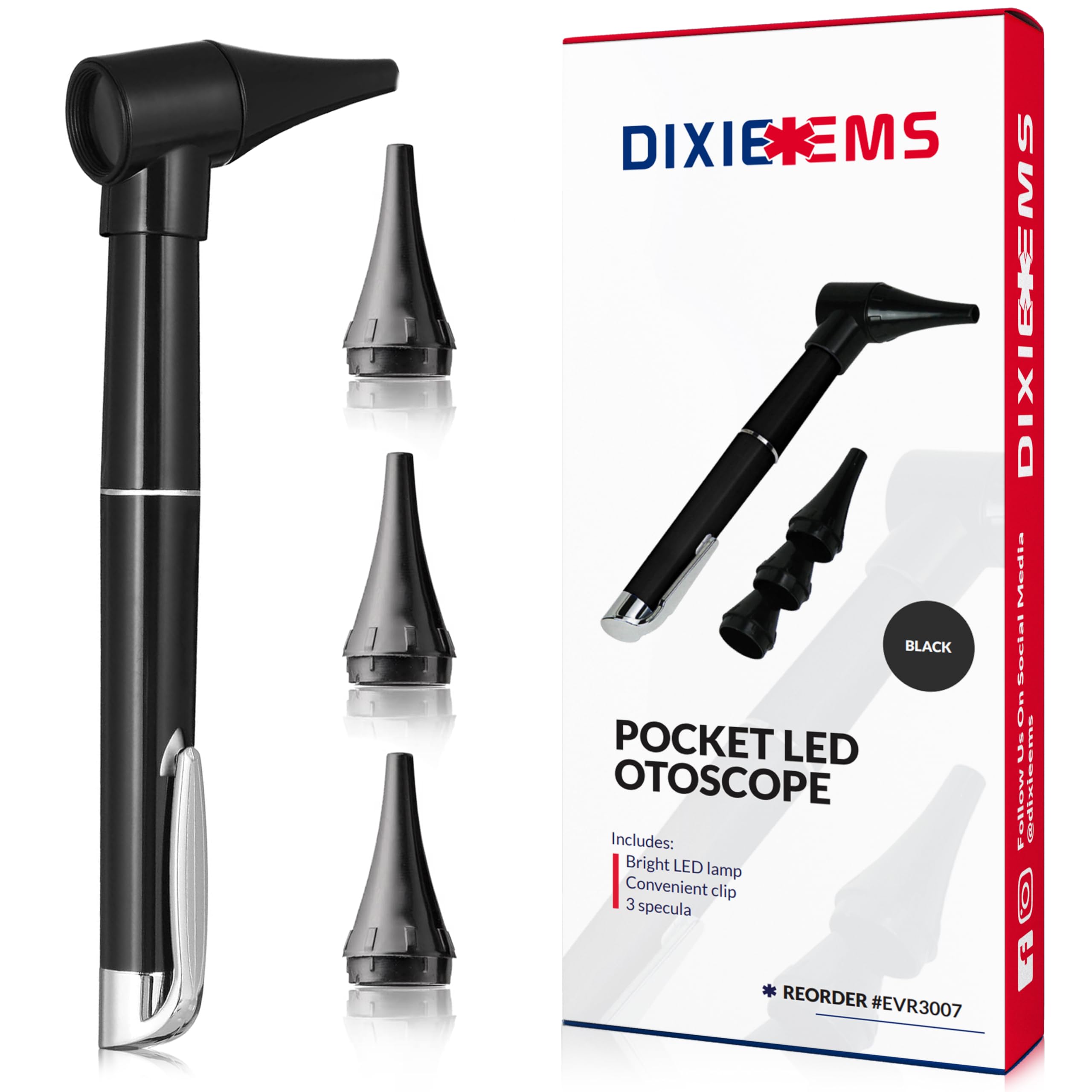 Dixie Ems Basic Medical Pocket Size Otoscope with LED Light, Clip and 4 Specula Sizes for Students, EMTs, Nurses, Doctors, and Vets