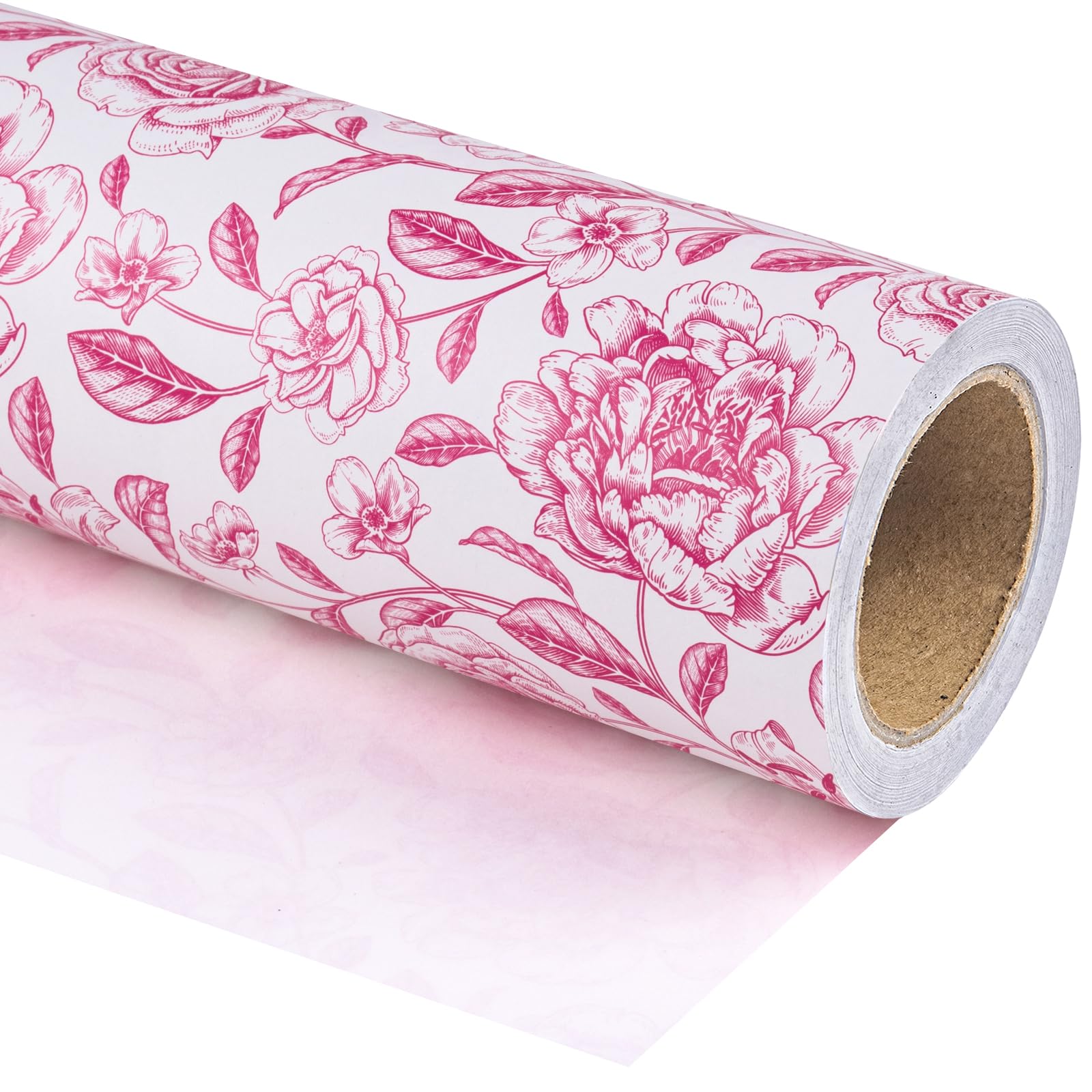 WRAPAHOLIC Jumbo Kraft Floral Wrapping Paper Roll - 30 Inch x 33 Feet - Vintage Toile Pink Floral Design for Birthday, Bridal Shower, Wedding, Baby Shower