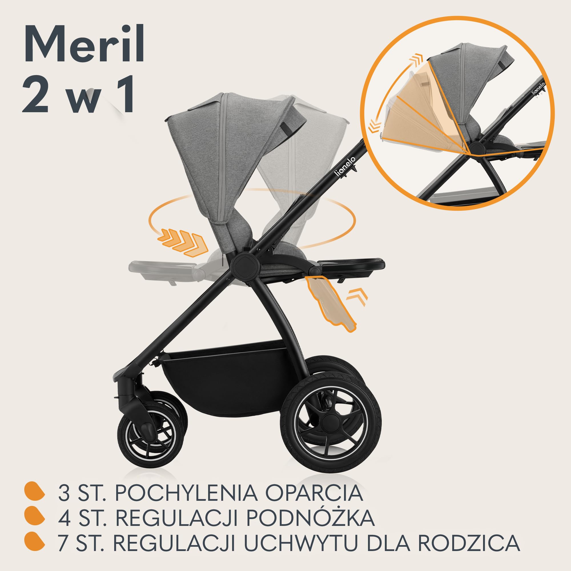 LIONELO MERIL 2 in 1 Wózek Spacerowy Dziecięcy 0-48 Miesięcy Do 22 Kg, Gondola XXL Do 9 Kg, Duże Koła Terenowe 360°, Regulacja Oparcia do Pozycji Leżącej Pełna Amortyzacja Budka XXL (Szary)