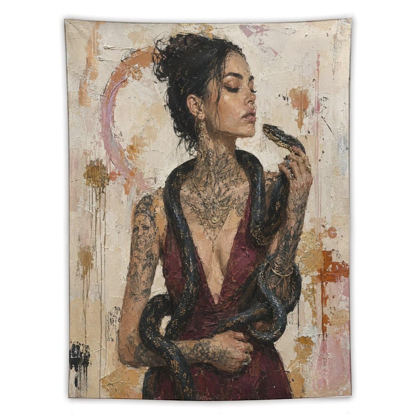 H3B8U2Y5 Tattooed Woman with Wine Wall Tapestry, Oil Painting, Office
