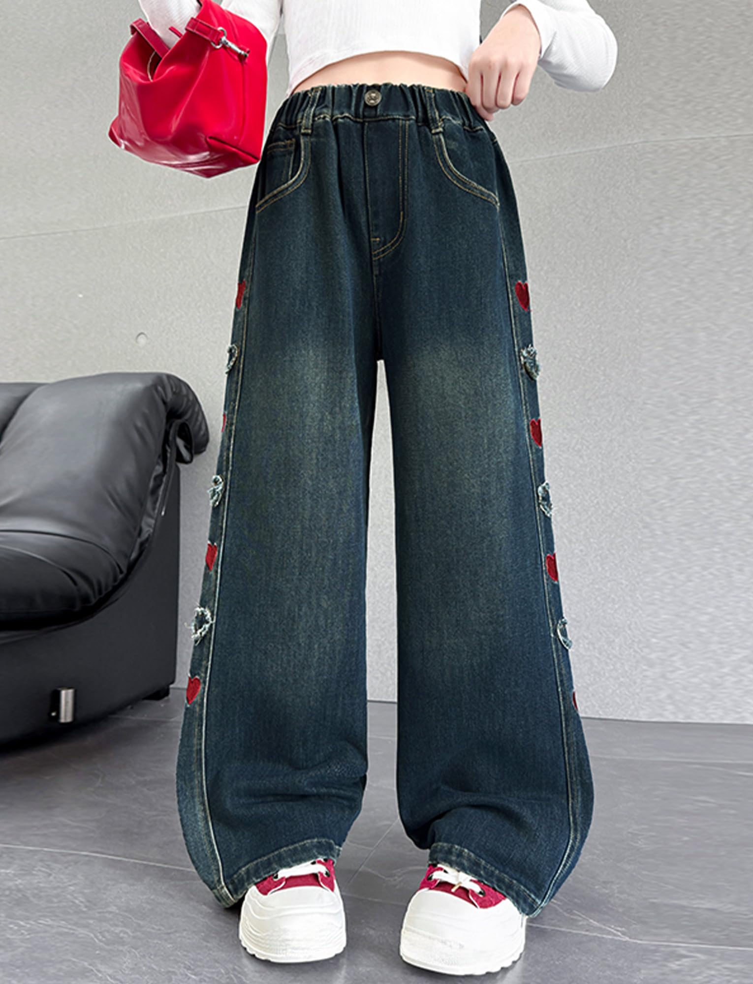 Vaqueros de Pierna Recta para Niña Pantalones de Denim Cintura Elástica Pantalones de Algodón Cómodo Jean Bordado Transpirable 5-13 Años