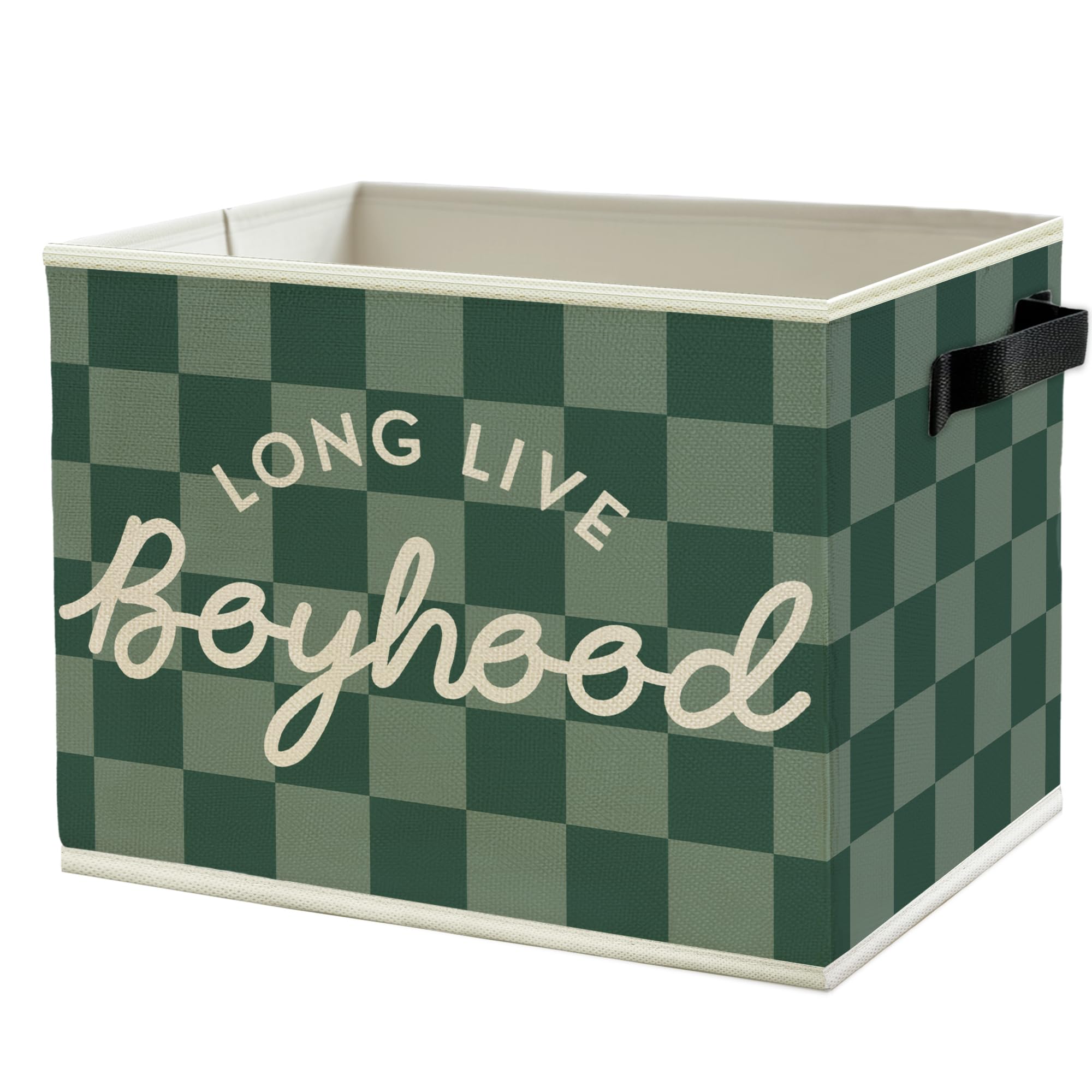 Long Live Boyhood Boys Storage Bins Box with Handles, Green Checkered Pattern Collapsible Basket Organizer for Kids Teen Boy Nursery Room Bedroom Bathroom Playroom Books Clothes