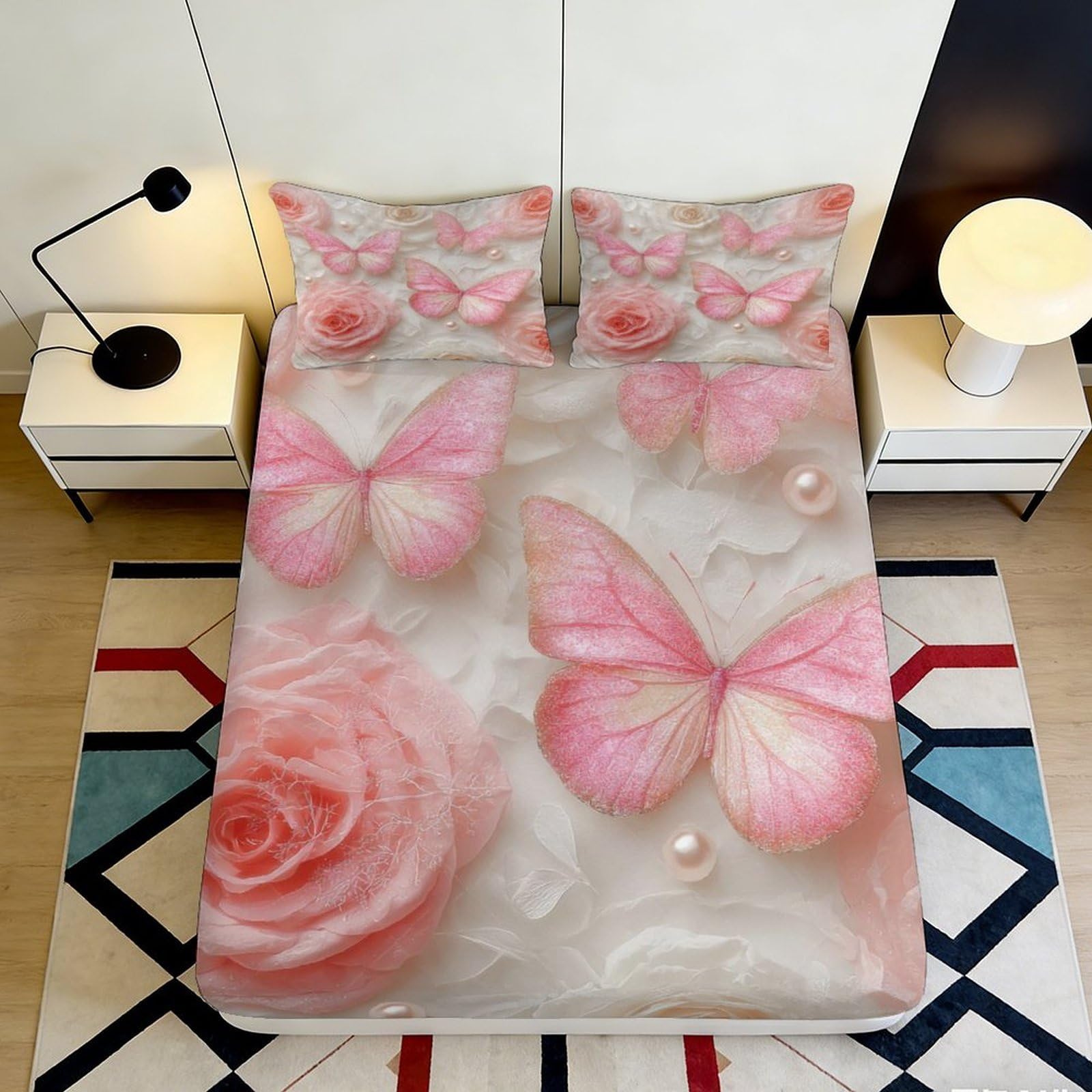 3D Printed Pink Butterfly Rose Fitted Sheet Microfiber Floral Bedroom Decor Mattress Cover for Adults Teens 90x200x25cm