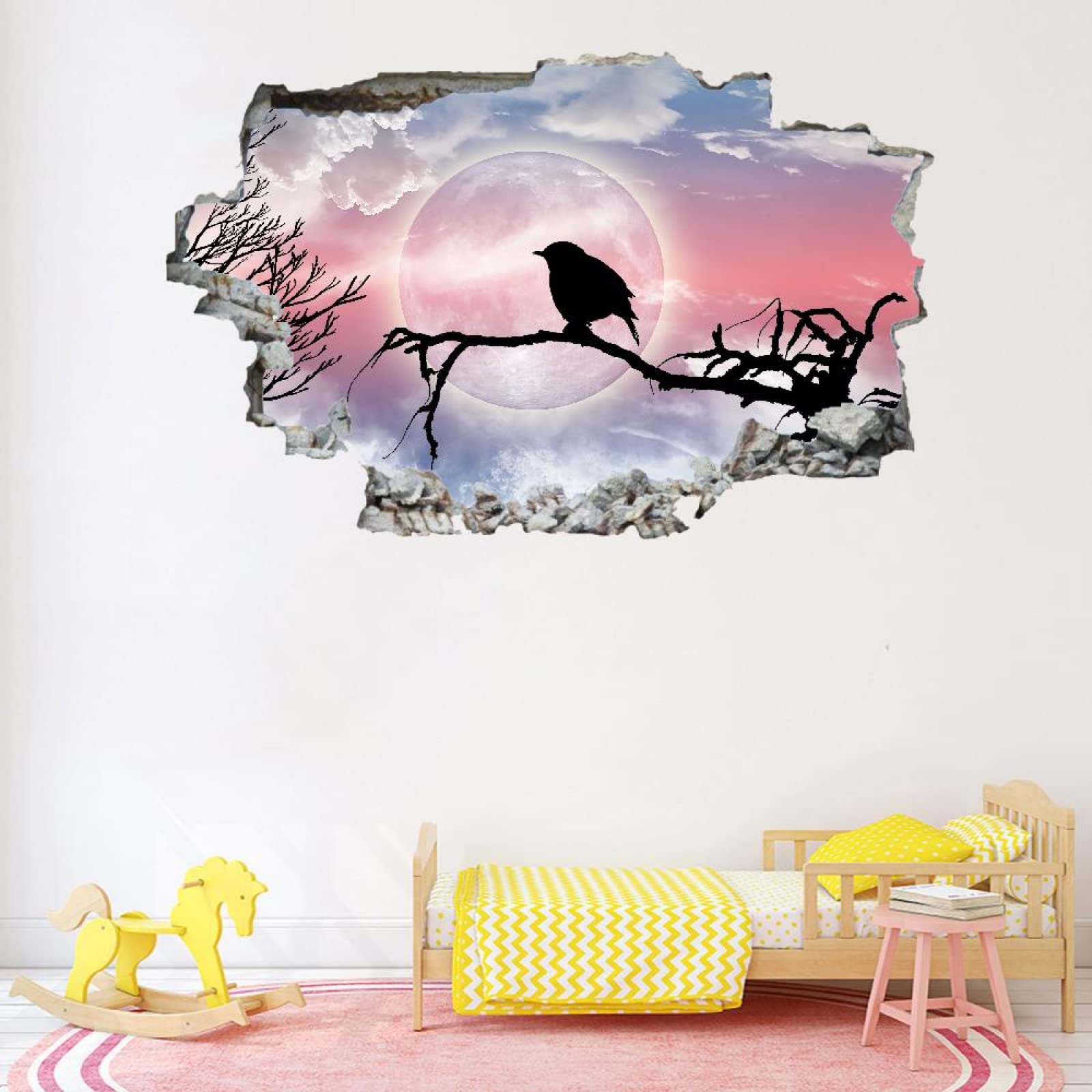 Pájaro Tatuajes De Pared Wall Tattoo 3D Smashed Luna Adhesivo De Pared Extraíble Calcomanías Murales Para Habitaciones Nubes Niñas Niños Dormitorio Mural Decoración Para El Hogar 80x120cm