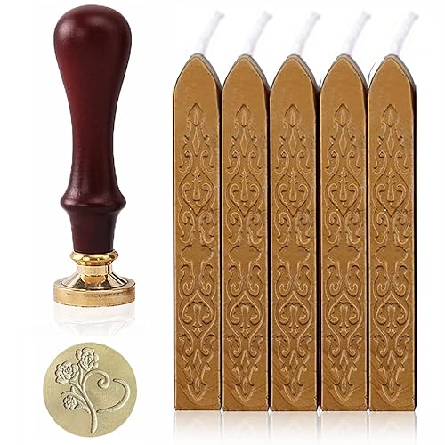 Juego de 6 sellos de cera con mechas para el día de San Valentín, sello de cera de corazón de rosa con mango de madera, palitos de sellado de