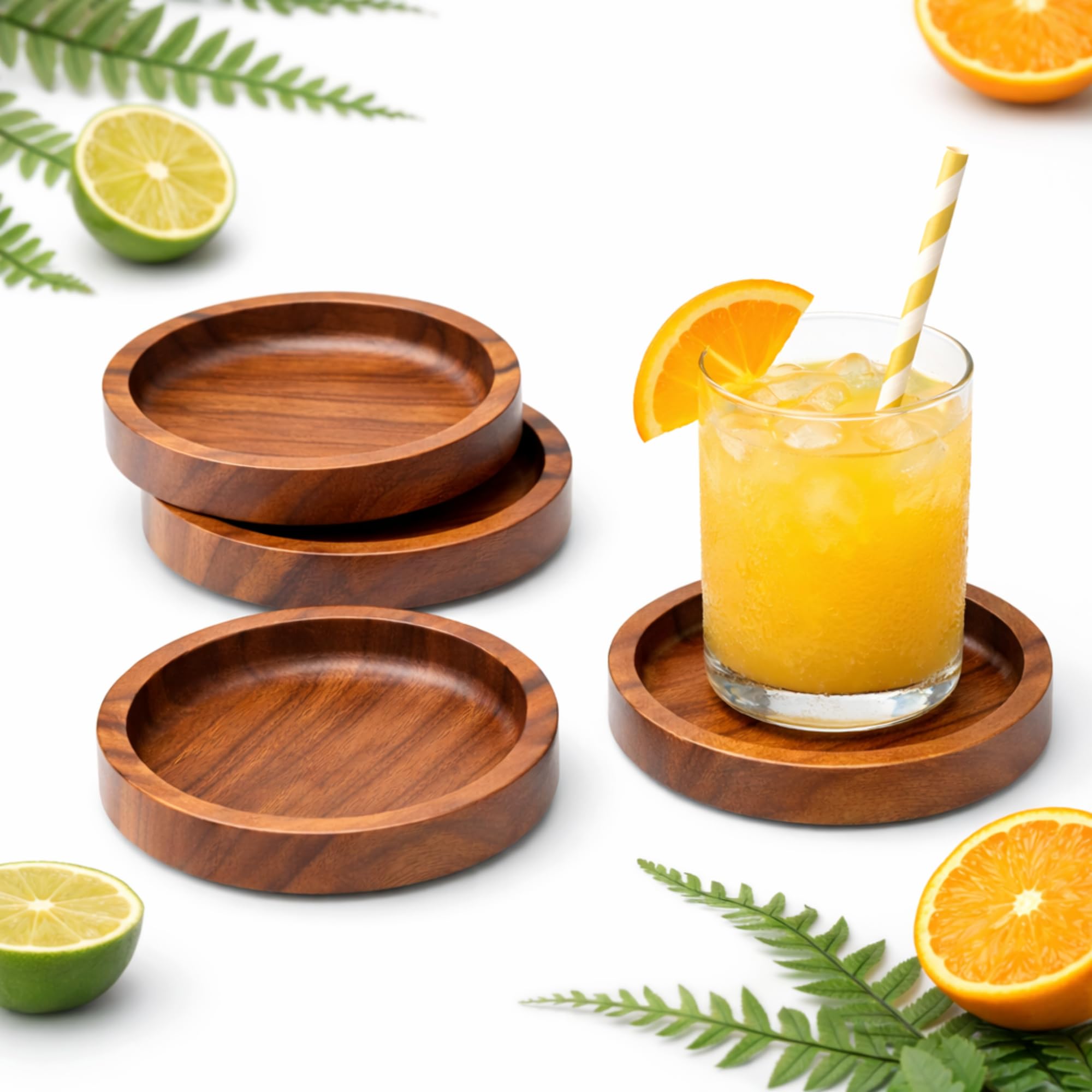 Handcrafted Wooden Coasters for Drinks – Natural Acacia Wood Round Coaster Set with Decorative Holder, Tabletop Protection for Coffee, Tea, Dining & Home Décor – Set of 4 Rustic Drink Coaster Plates