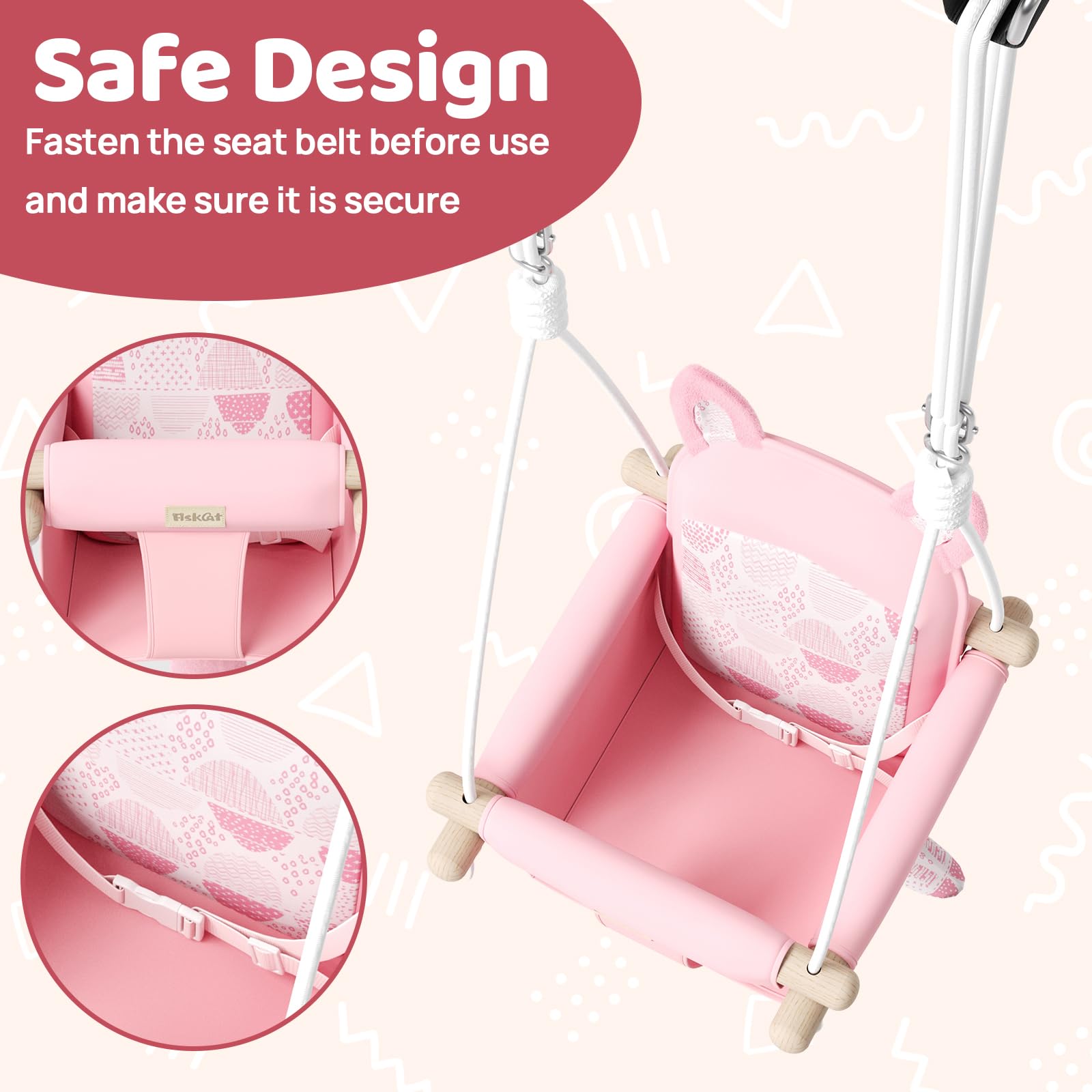 Wooden Baby Swing with Safety Belt - Adjustable Infant & Toddler Swings for Indoor/Outdoor Use, Includes Mounting Hardware (Fox Design, Pink)